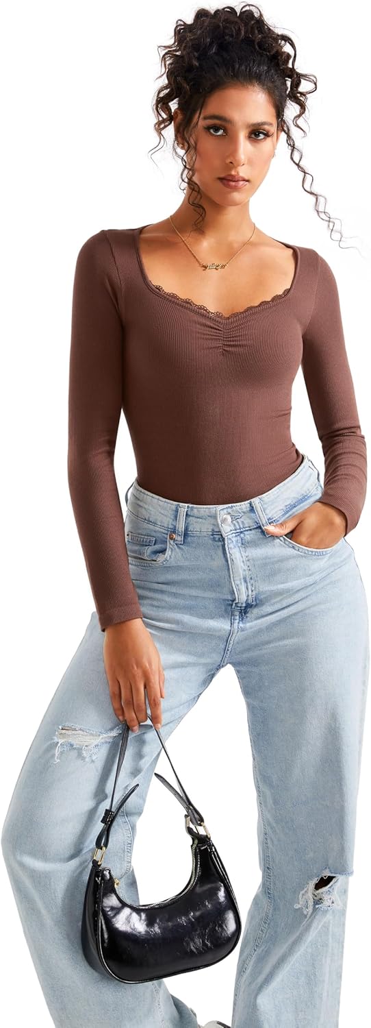 SUUKSESS Women Sweetheart V Neck Long Sleeve Tops Lace Trim Ribbed Modal Fall Going Out Shirts - Image 2