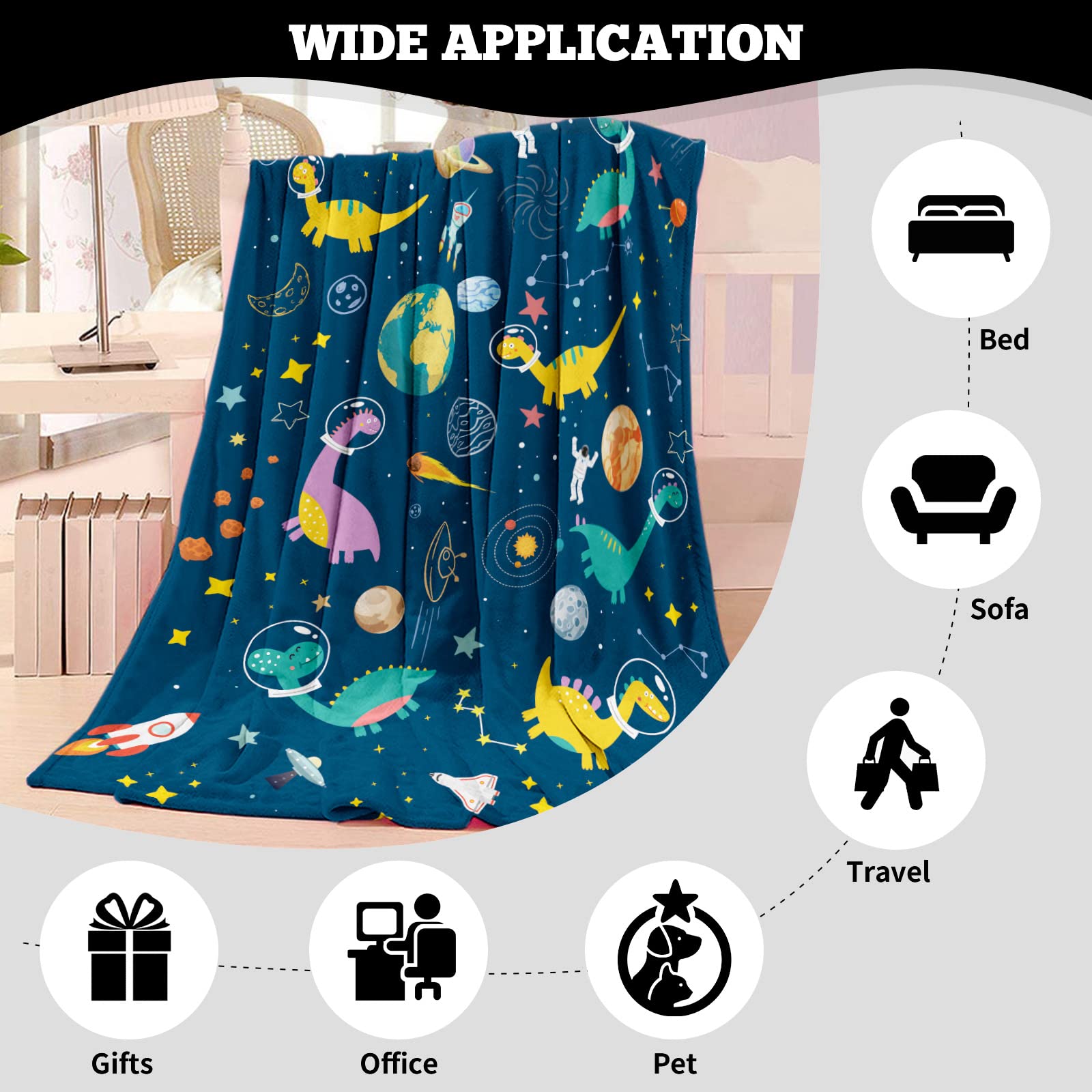 Dinosaur Blankets for Boys Dinosaur Throw Blanket Soft Cozy Space Dinosaur Flannel Fleece Plush Blanket Gifts with Planets Astronauts Pattern for Teens Dino Blankets for Bed Sofa Couch 130x150cm - Image 3