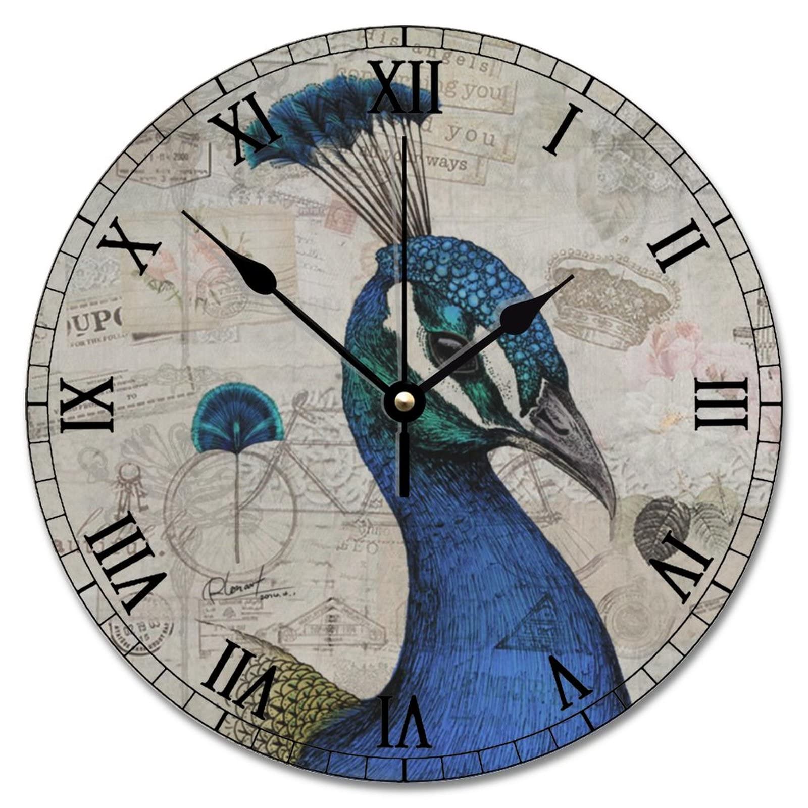 Horloge murale en bois paon bleu de 30,5 cm silencieuse et rustique