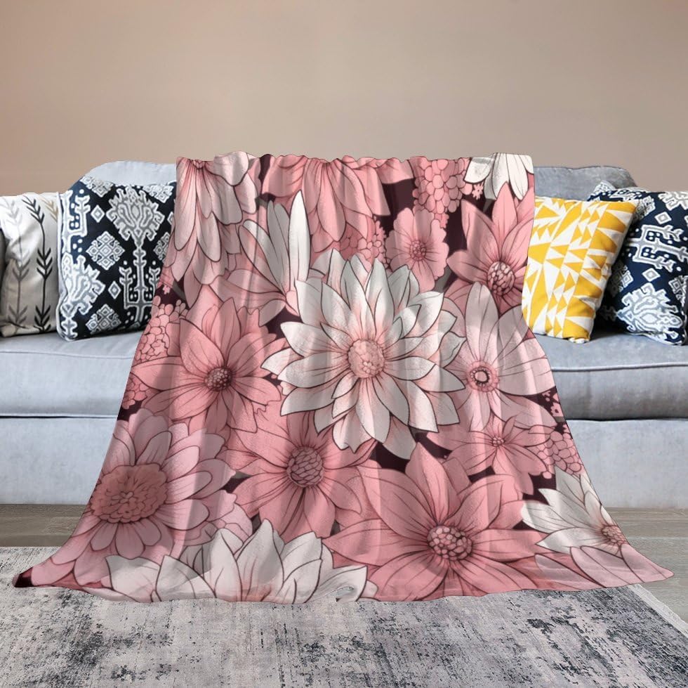 Miniatura 6 de Manta moderna de color rosa pastel y flores, manta retro de flores para cama, manta de 60 x 80 pulgadas, súper suave y acogedora para sofá,