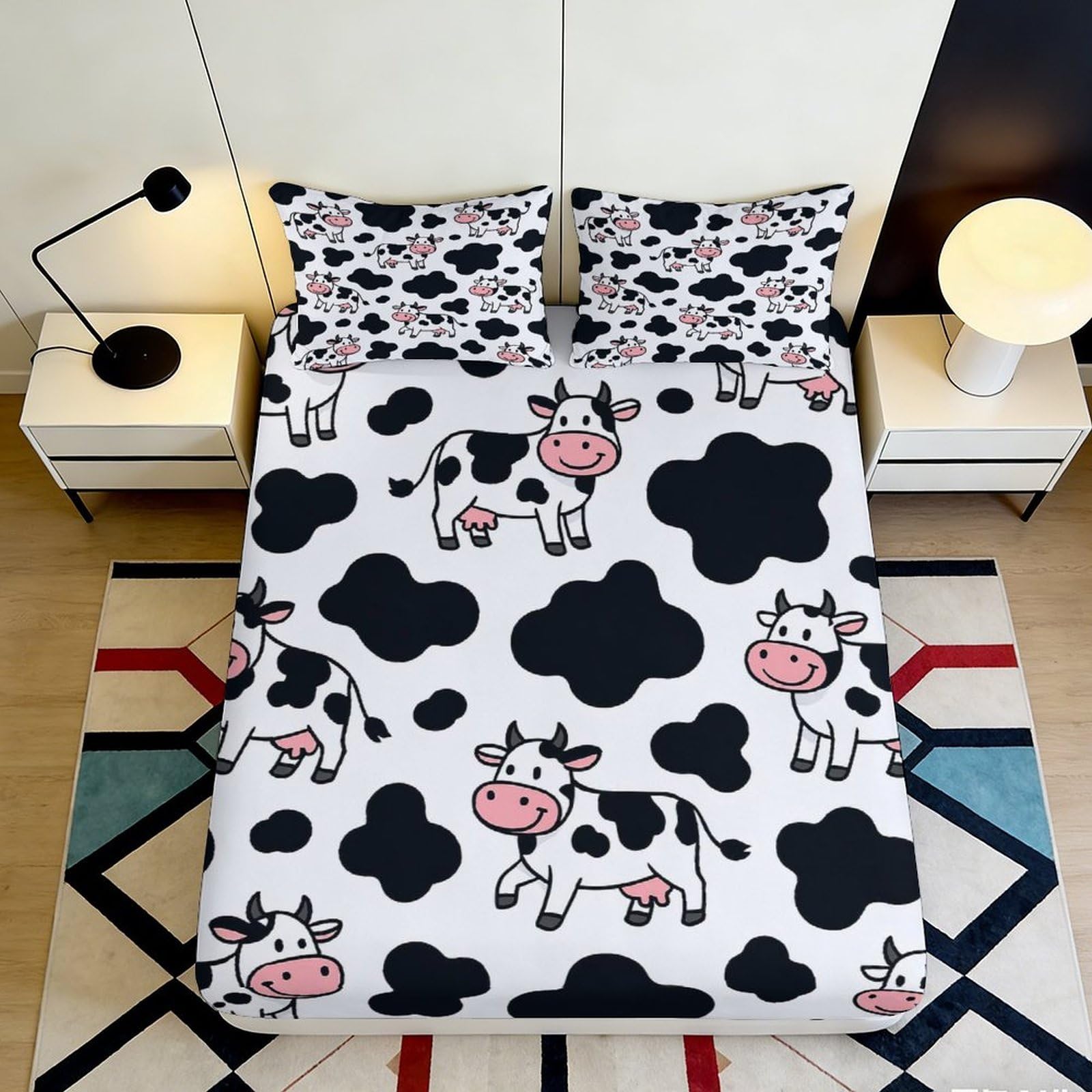 3D Printed Cartoon Cow Fitted Sheet Microfiber Soft Farm Animal Mattress Cover for Bedroom Dorm Bed Decor 115 180x200x25cm
