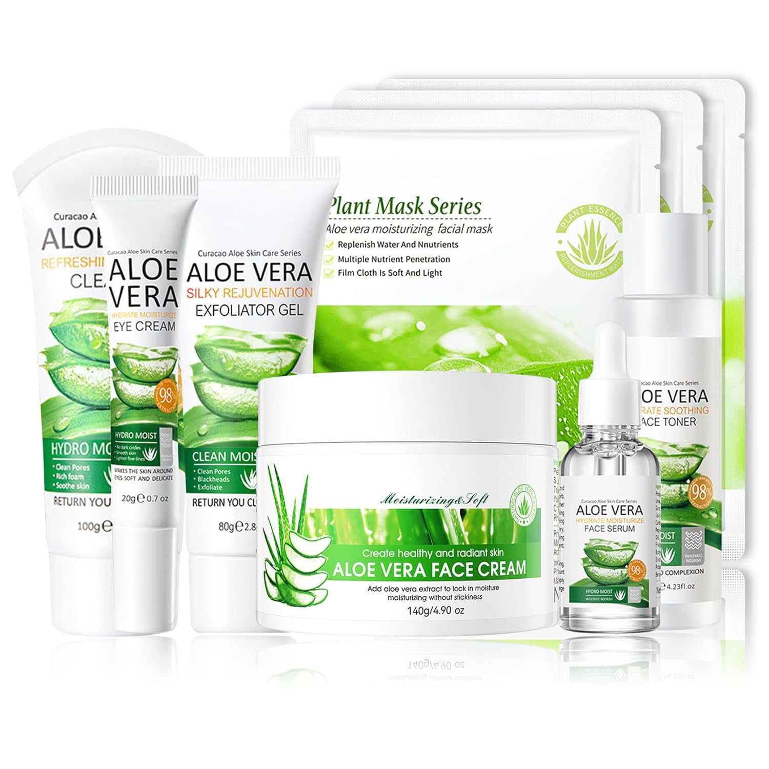 Aloe Vera Face Skincare Set,9 Pcs Aloe Vera Skin Care Set with Face Masks,Exfoliating Gel, Wash,Toner, Serum, Moisturizer Cream,Eye Cream,Moisturizing Skin Care Kit
