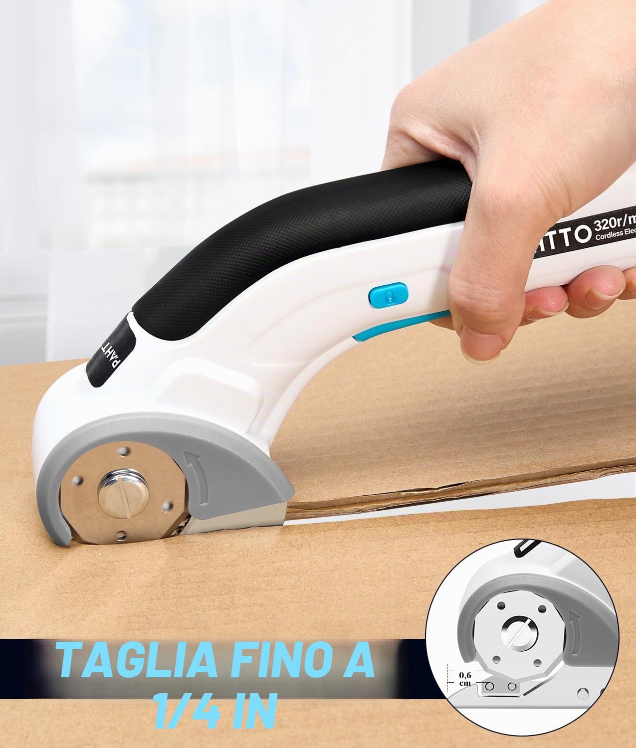 PAHTTO Forbici elettriche Taglierina per cartone 4V, 320 giri/min, taglierina rotante senza fili Taglierina universale Batteria con 2 lame autoaffilanti, per cartone, moquette, pelle, tessuto, PVC