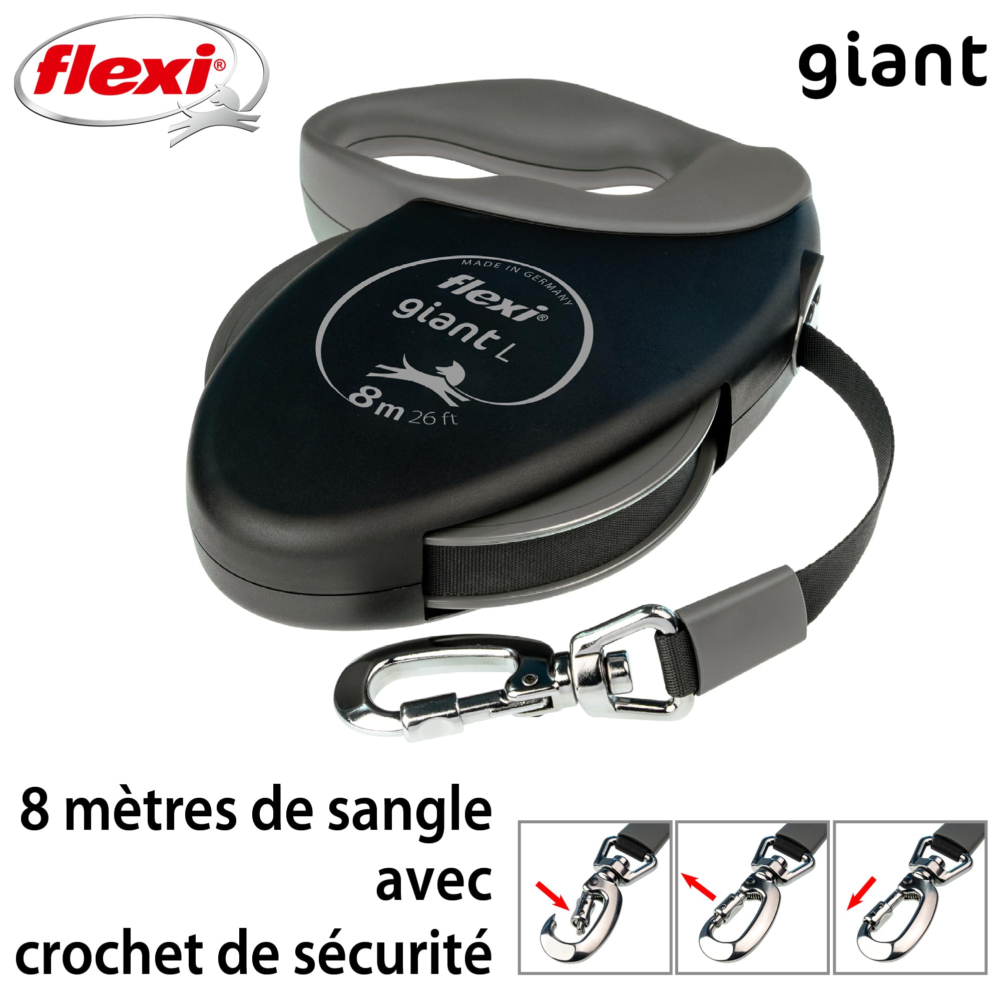 Flexi, Laisse Chien Enrouleur Giant Plus 8m, Chiens Forts et Costauds Jusqu'à 25 Kg, Visibilité Accrue Sangle Couleur Néon, Système de Freinage Robuste et Ergonomique, Made in Germany - M - 8m - 25kg