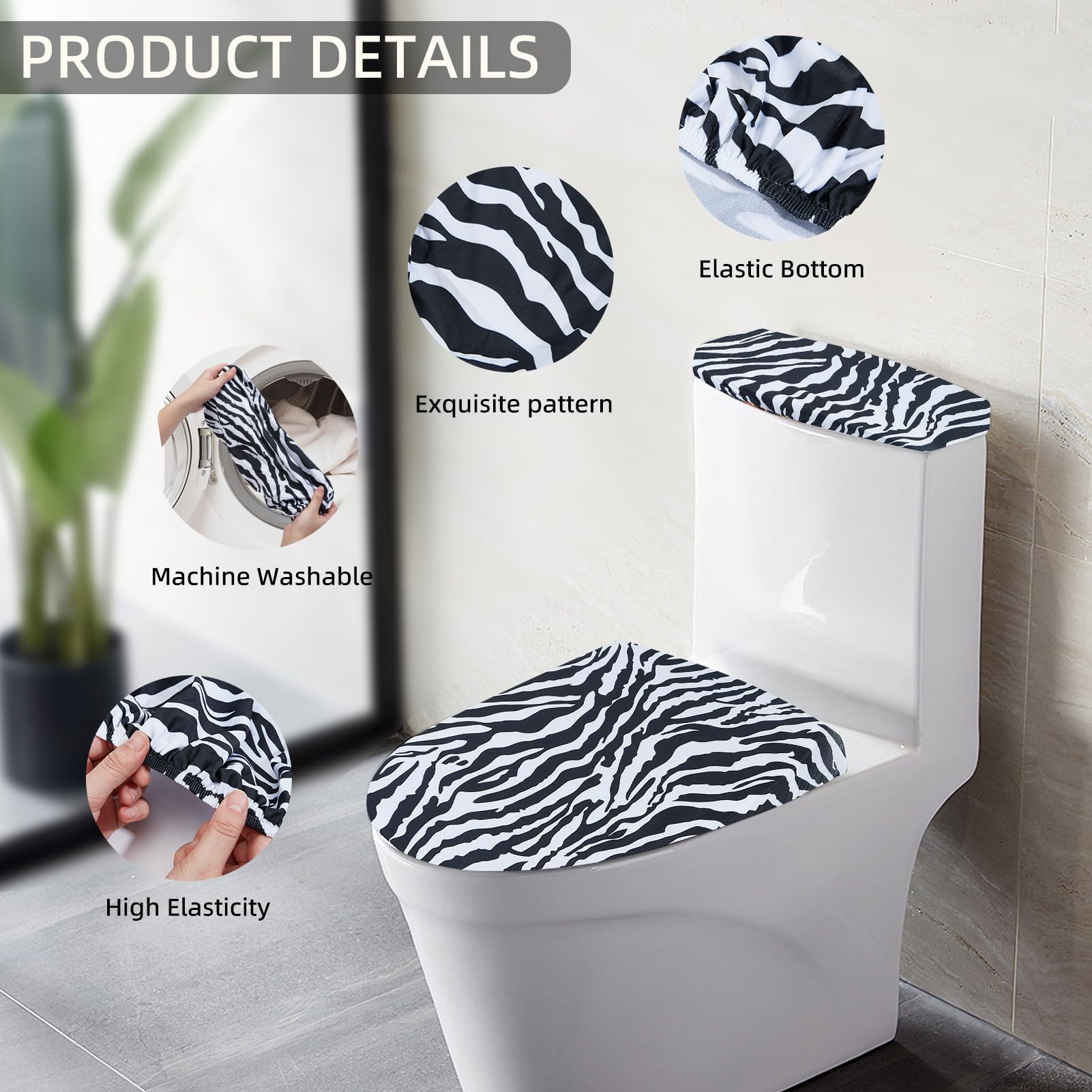 NICENEEDED Zebra Print Toilet Lid and Seat Protector Cover, Stretch Toilet Covers Set Bathroom Toilet Tank Lid Covers - Image 3