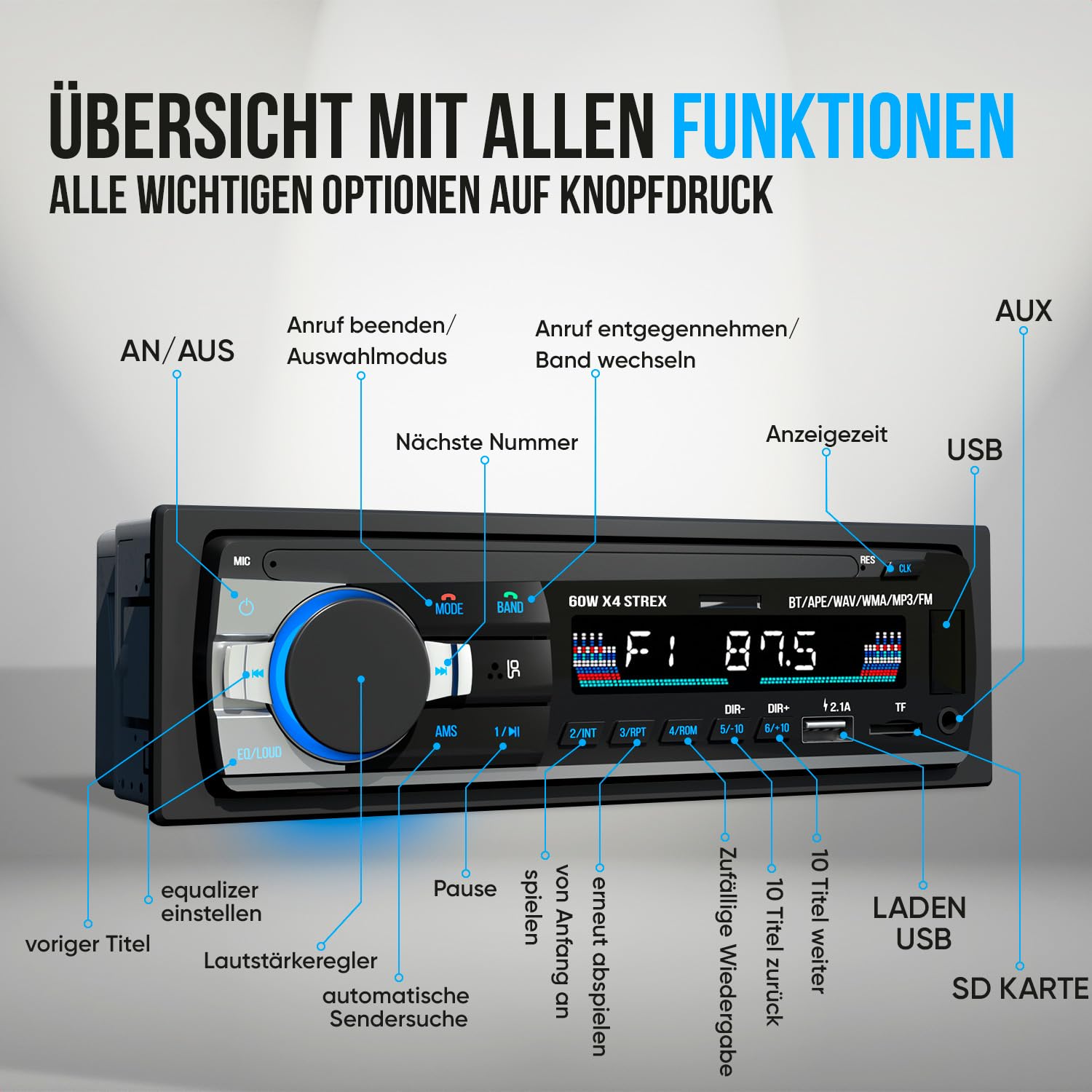 Strex Autoradio mit Bluetooth für alle Fahrzeuge - USB, AUX und Freisprecheinrichtung - Fernbedienung - EIN-DIN-Autoradio mit integriertem Mikrofon