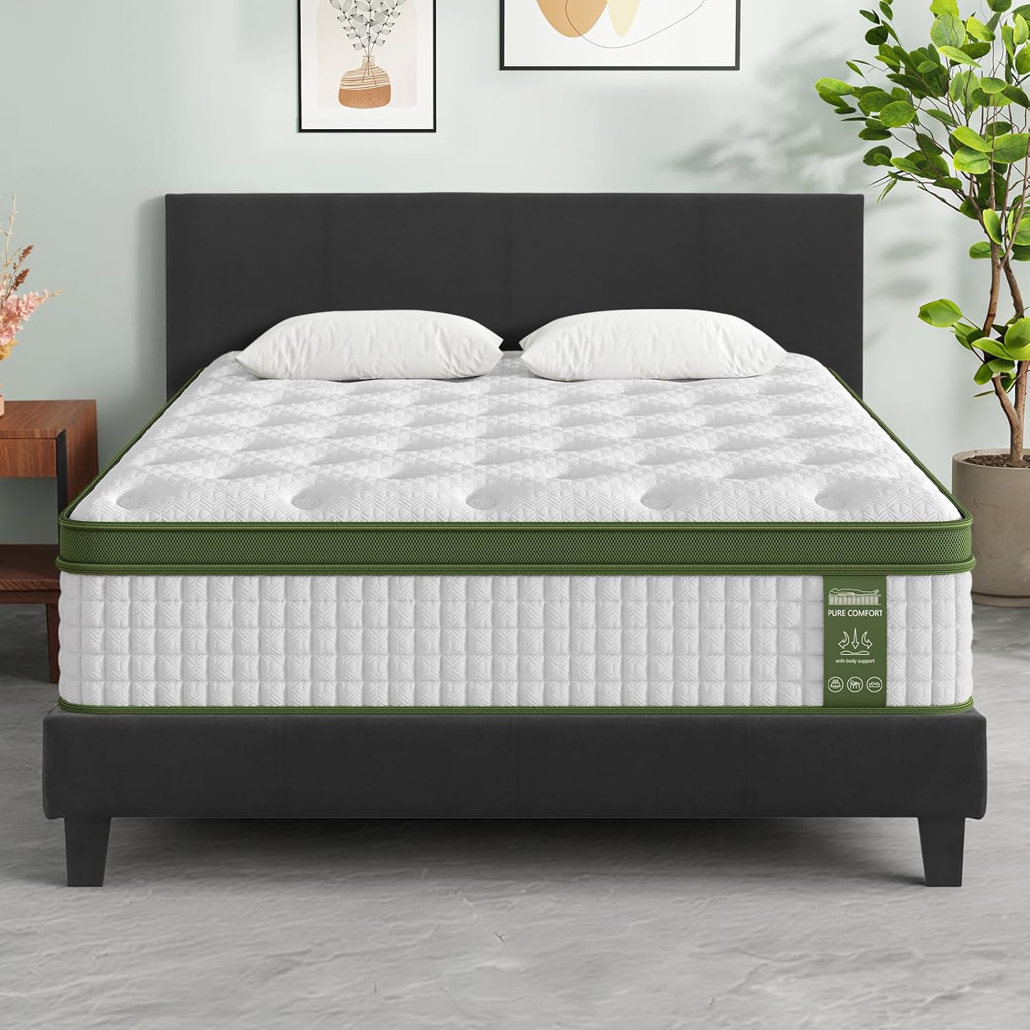 Artiss BedStory Queen Bed Frame with Hybrid Mattress Set 34cm Medium Firm Platform Headboard Upholstered Charcoal Linen Pocket Coil for Pressure Relief Home Bedroom Furniture, Valentine's Day