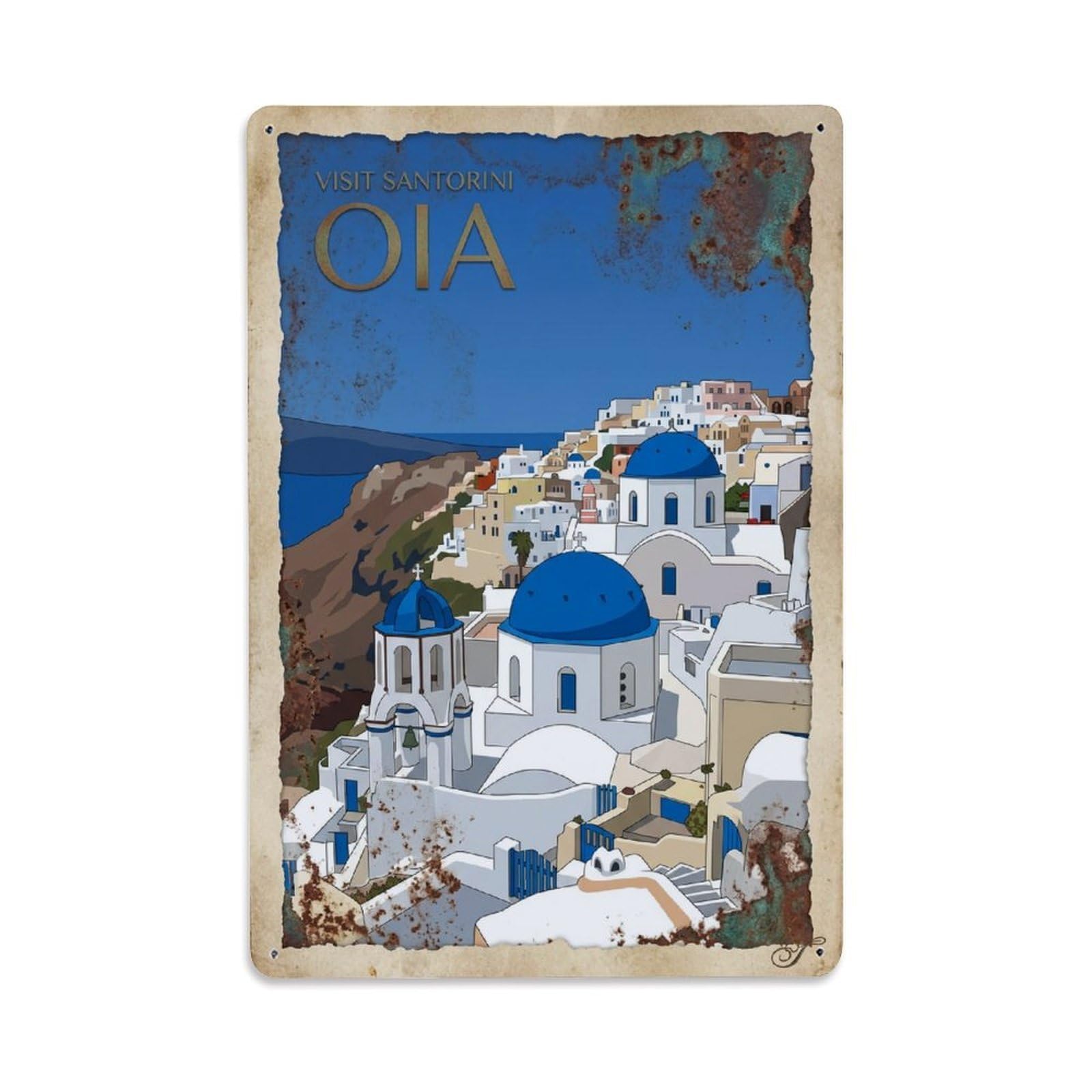 Fyrn Style Metal Tin Sign Vintage Travel Oia Greece Village