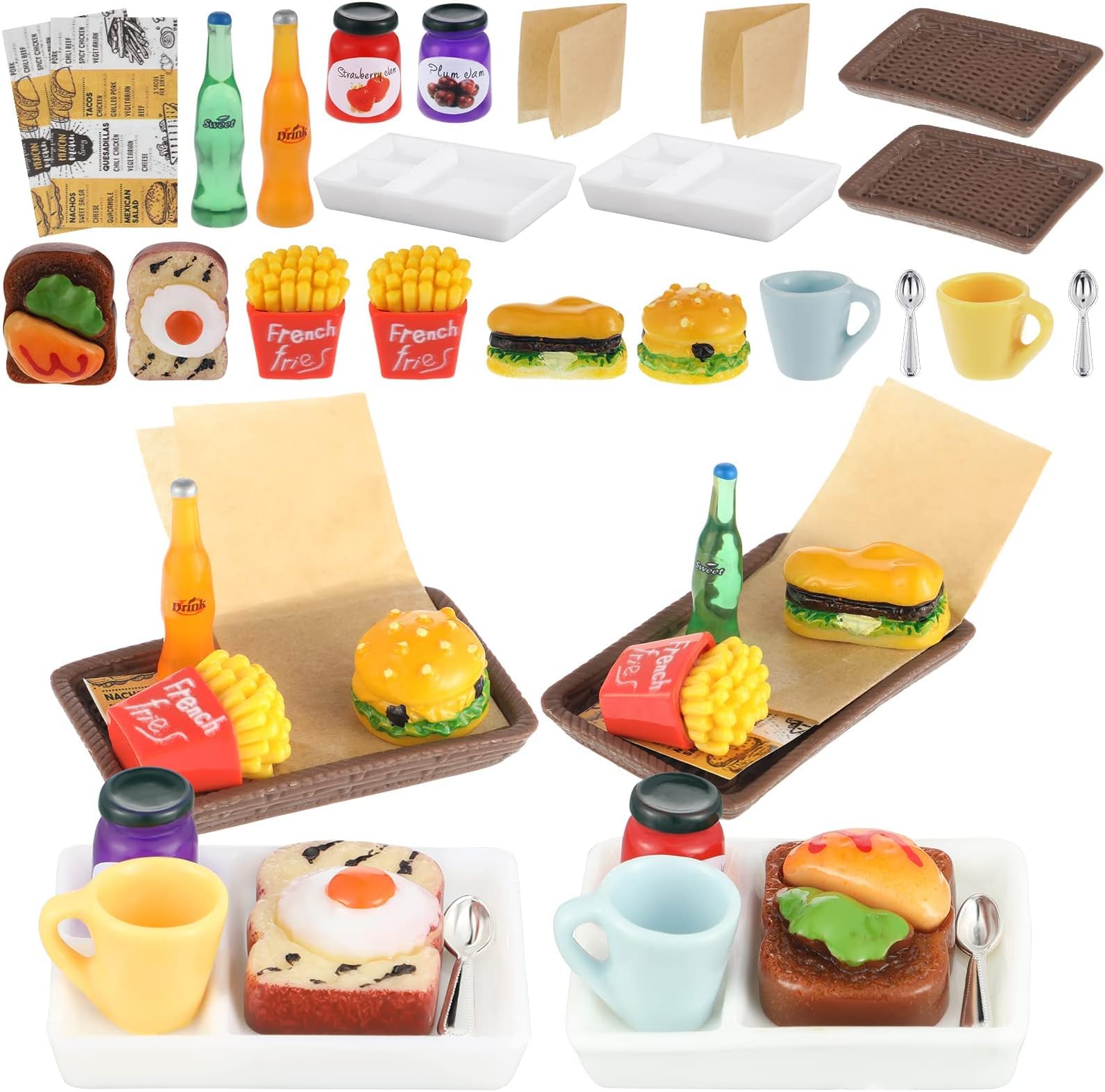 Miniature Food Toy Miniature Doll House Accessories Miniature Play Sets Small Doll Food Dollhouse Food Hamburger Fries Soda Milk Juice Bread Jam Cup Egg for Pretend Play Kitchen (Partially Random)
