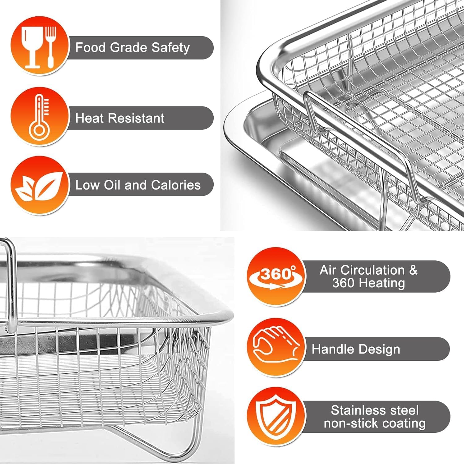 Air Fryer Basket for Oven,2 Pieces 12.2'' * 8.74'' Non-stick Stainless Steel Mesh Grill Basket Air Fryer Baking Accessories Rack Roasting Basket for Convection Oven with Air Fryer, Dishwasher Safe