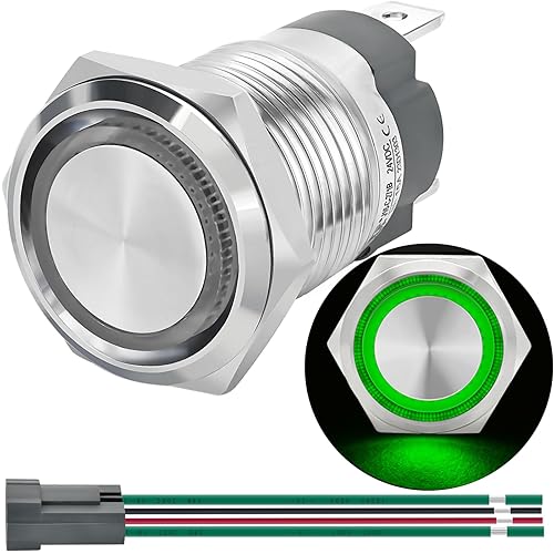 Miniatura 19 de Interruptor de botón ZJWZJH de 15 amperios con pestillo de 0.630 in, impermeable, IP67, 12 V, CC, 24 V, encendido y apagado, luz LED azul