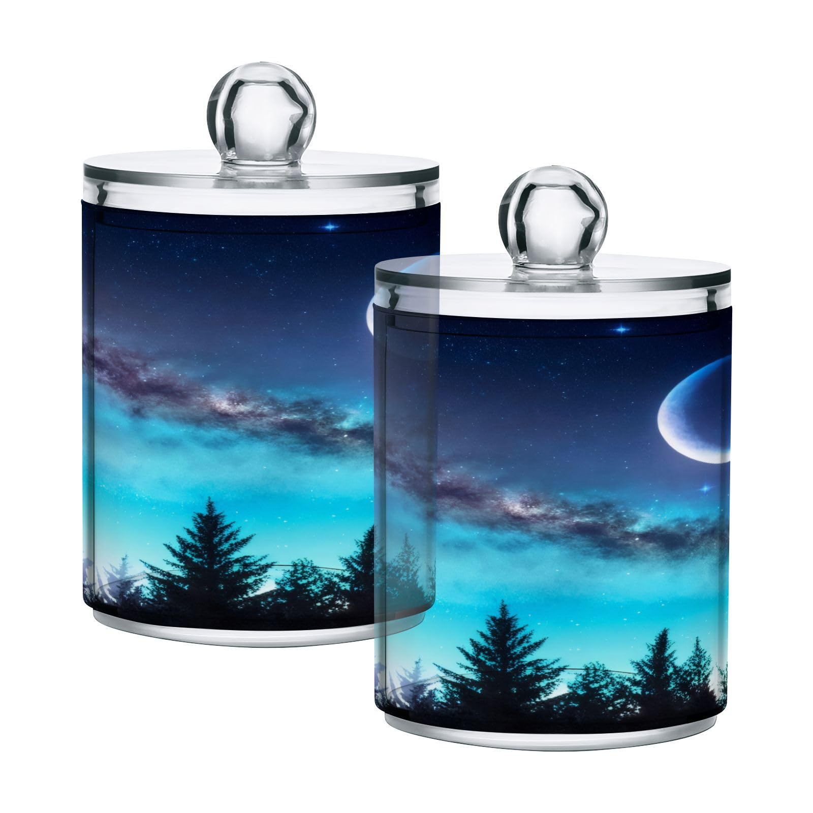 Haskirky 2 Pack Forest Moon Design Qtip Holder Dispenser,Clear Plastic Apothecary Jars with Lids Home Decor Kitchen Storage Jar for Cotton Ball, Cotton Swab,Floss,10 OZ