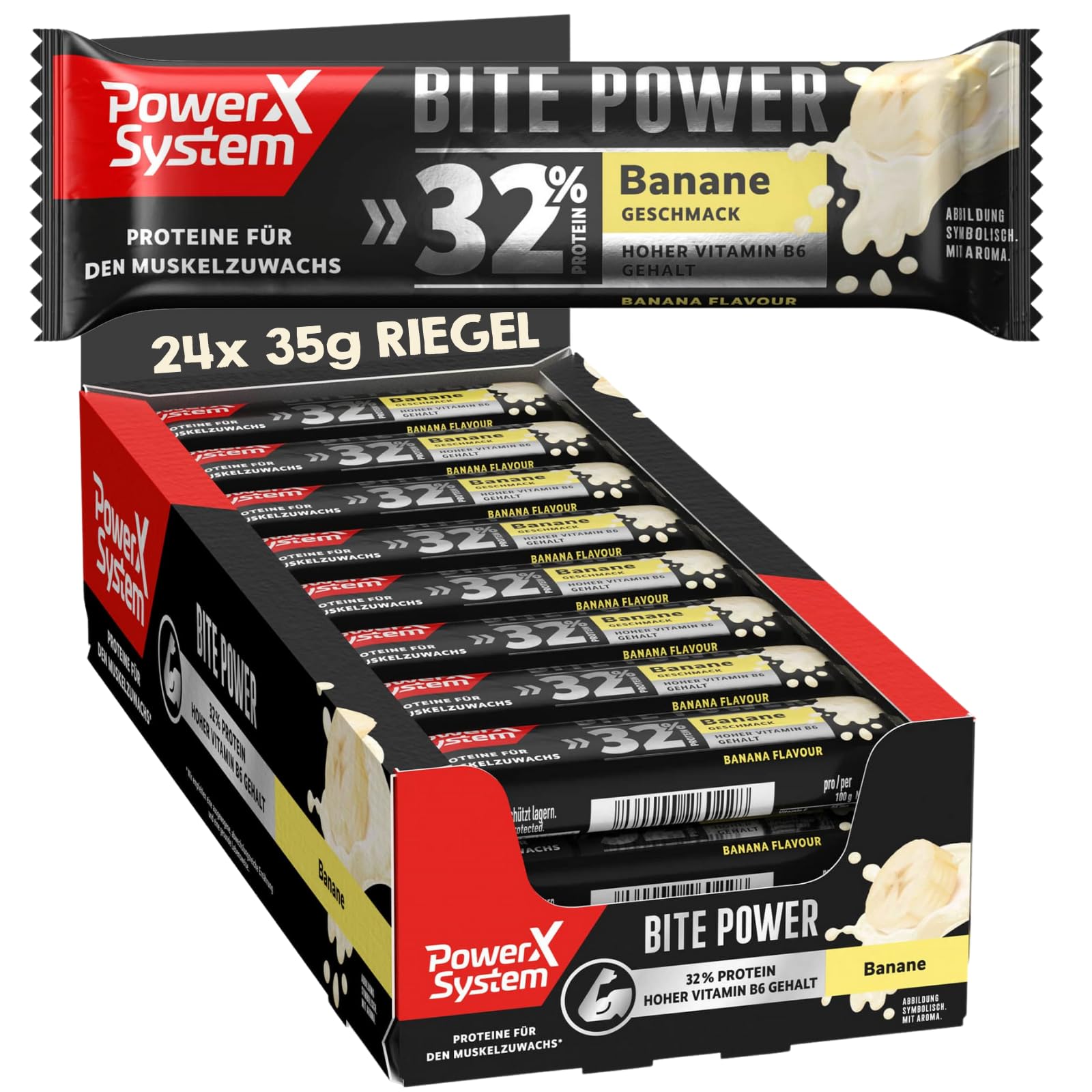 Power System Bite Power Banane 32% Eiweiß, High Protein, Vitamin B6, 24x35g