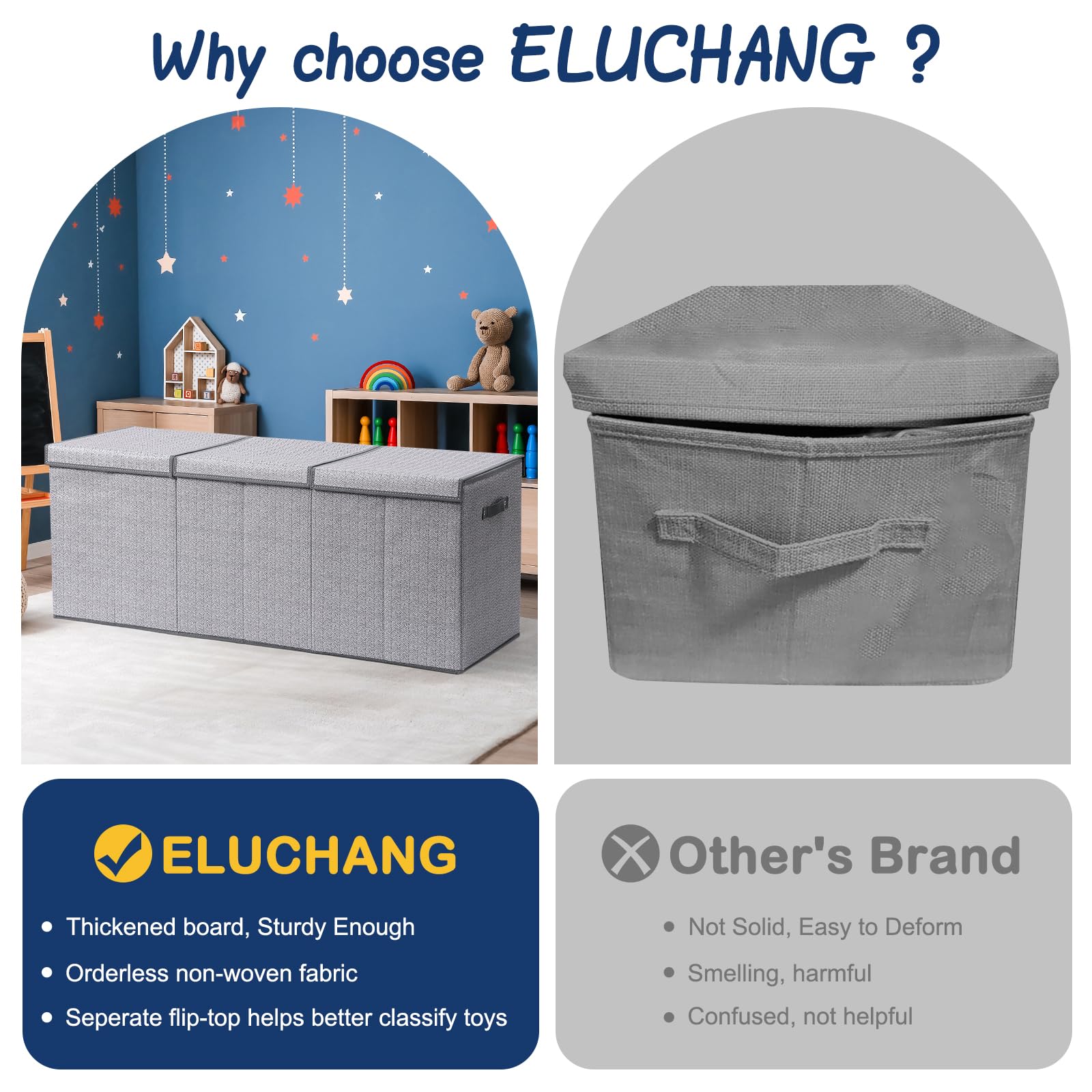 ELUCHANG Aufbewahrungsbox mit Deckel Kinder, 147L Große Faltbare Truhen & Kisten für Kinder, Spielzeugkiste Aufbewahrungsbox für Kinderzimmer,Schlafzimmer, Grau