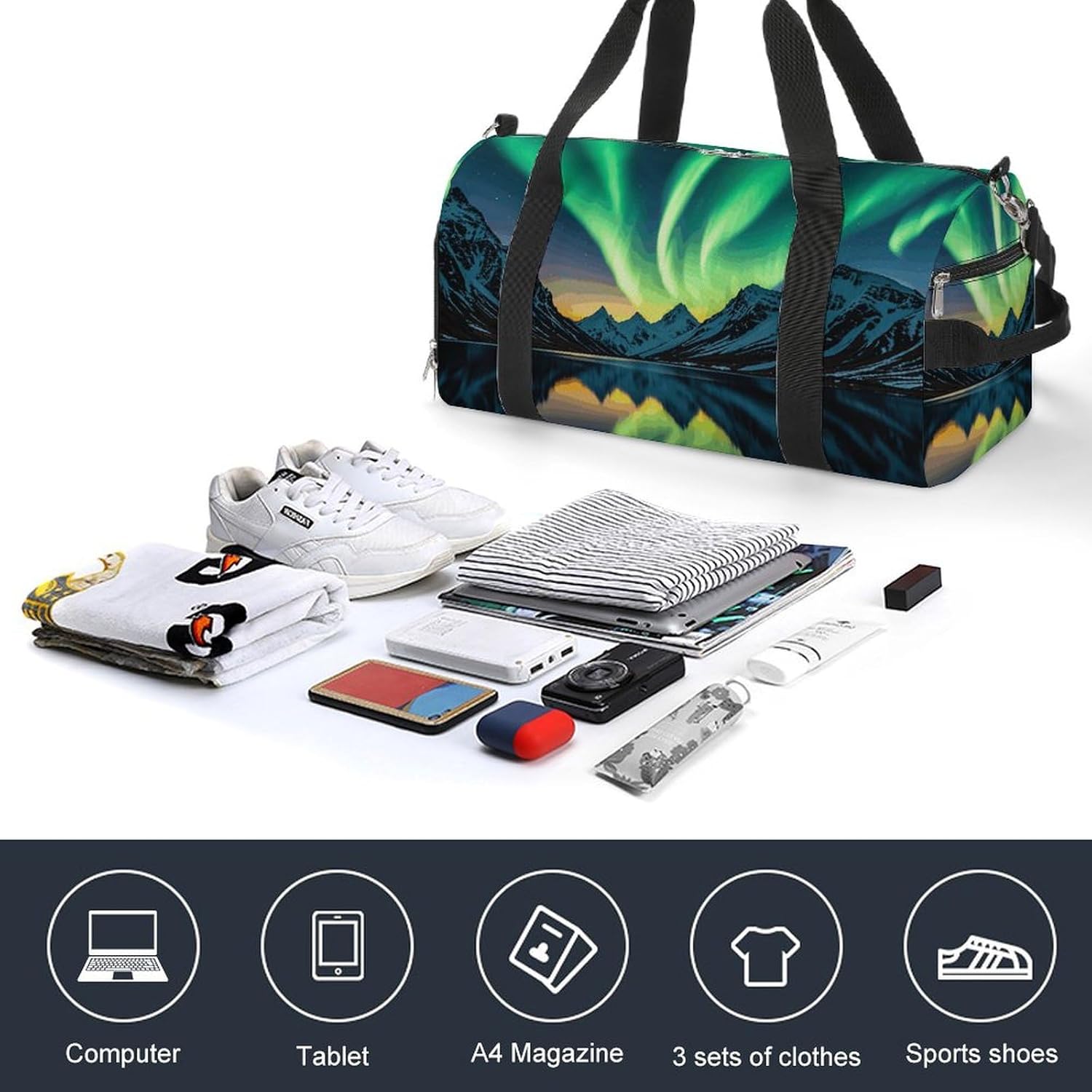 Gym Bag for Men Travel Duffle Bag Aurora Lights Tote Bag Weekender Duffel Bag Weekender Bag for Sports