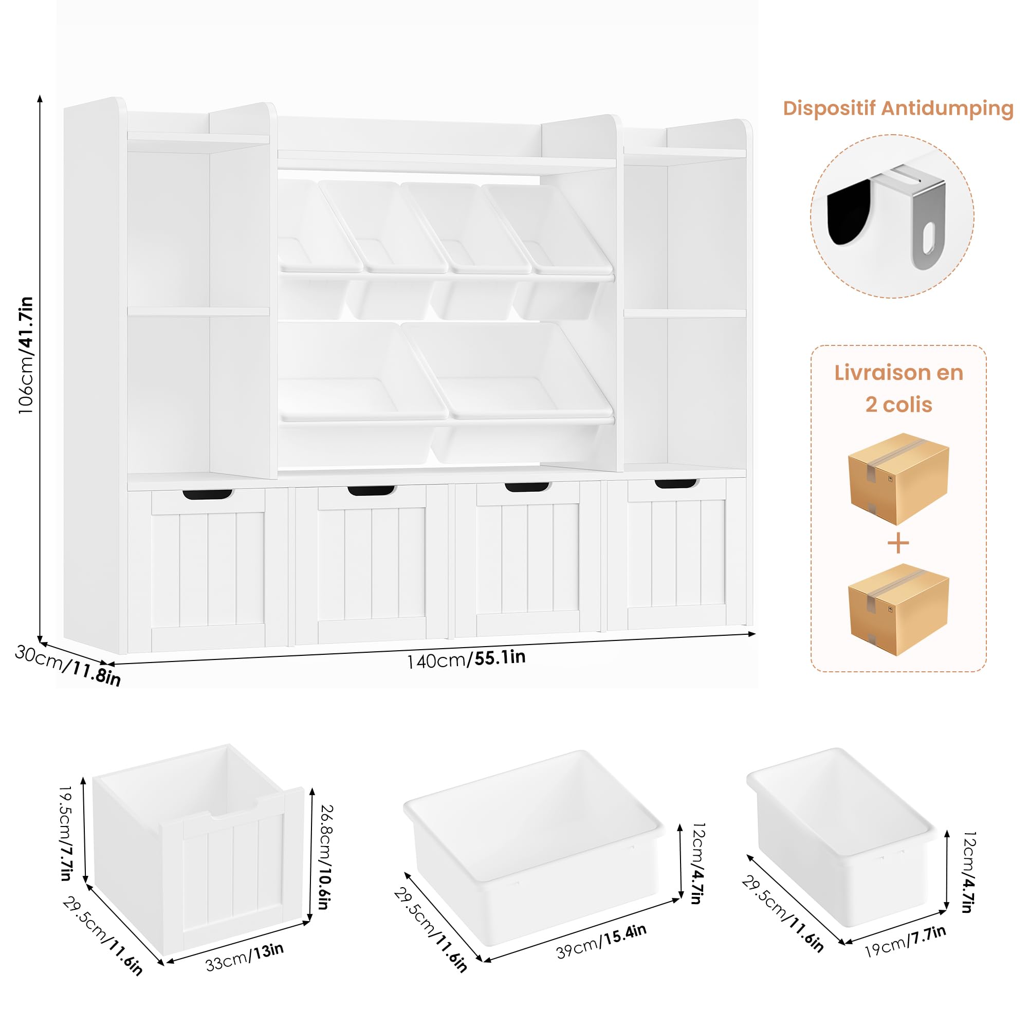 FOREHILL 140cm Meuble Rangement Enfant Bibliothèque Enfant avec 7 Étagères 6 Boîtes Amovibles 4 Tiroirs Roulants Rangement Jouet pour Chambre d’Enfants Salle de Jeu 140x30x106cm Blanc