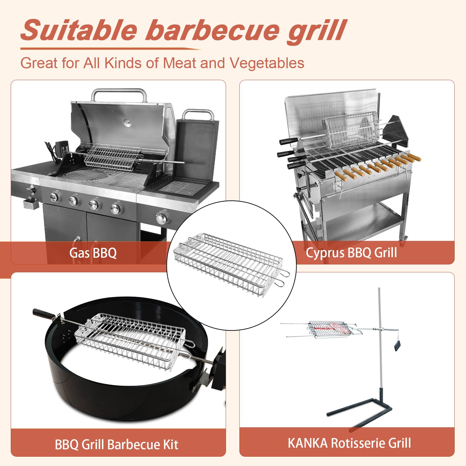 Flacher Grillkorb für Drehspieße, strapazierfähiges Grillzubehör aus Edelstahl, kompatibel mit 8-mm-Vierkant-Drehspießstangen, universell passend für die meisten Outdoor-Grills