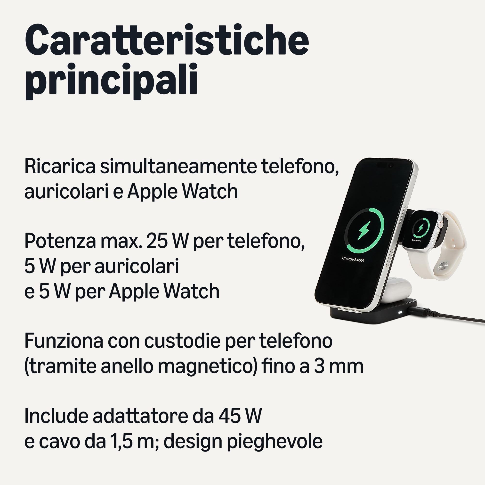 Amazon Basics, Stazione di ricarica wireless 3 in 1 con certificazione Qi2.2 da 25W supporto pieghevole compatibile MagSafe per iPhone 17/16/15/14/13/12,Apple Watch,AirPods,con adattatore da 45 W,Nero