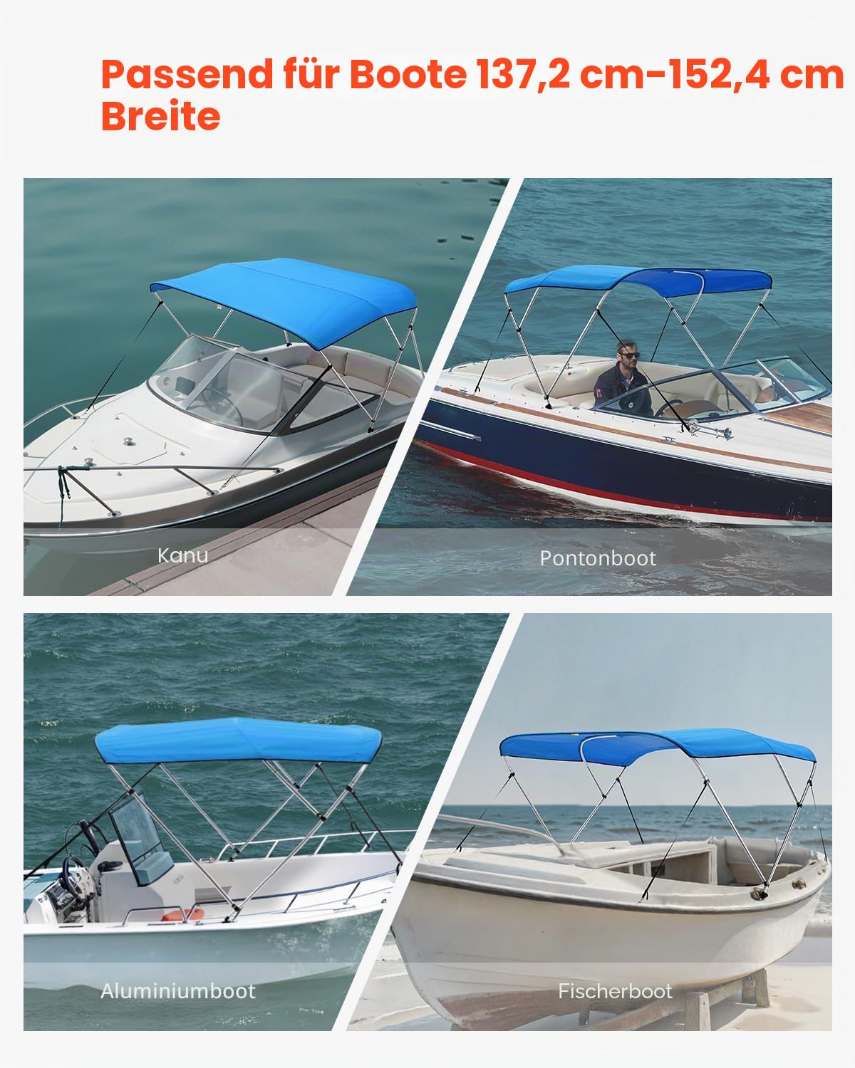 VEVOR Bimini Top Bootsabdeckung Sonnenverdeck (3 Bögen) aus 600D Polyester mit Rahmen aus Aluminiumlegierung, wasserdichte Sonnenschutz-Bootsmarkise mit Aufbewahrungstasche, 137-152 cm (B) Blau