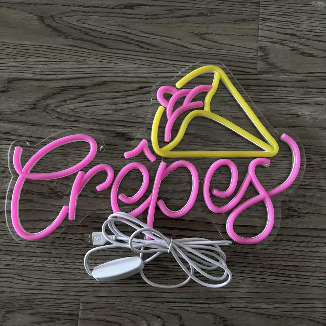 Insegna al neon con crêpes, lampada da parete a LED per negozio di dessert, cartello in crepe rosa giallo per bar, panetteria o bancarella alimentare, decorazione per negozi di dolciumi