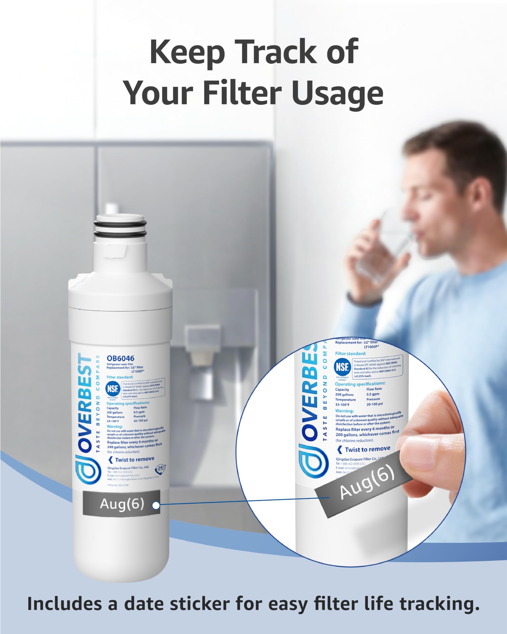 Overbest LT1000PC Filtro acqua frigorifero e filtro aria, 3 Combo