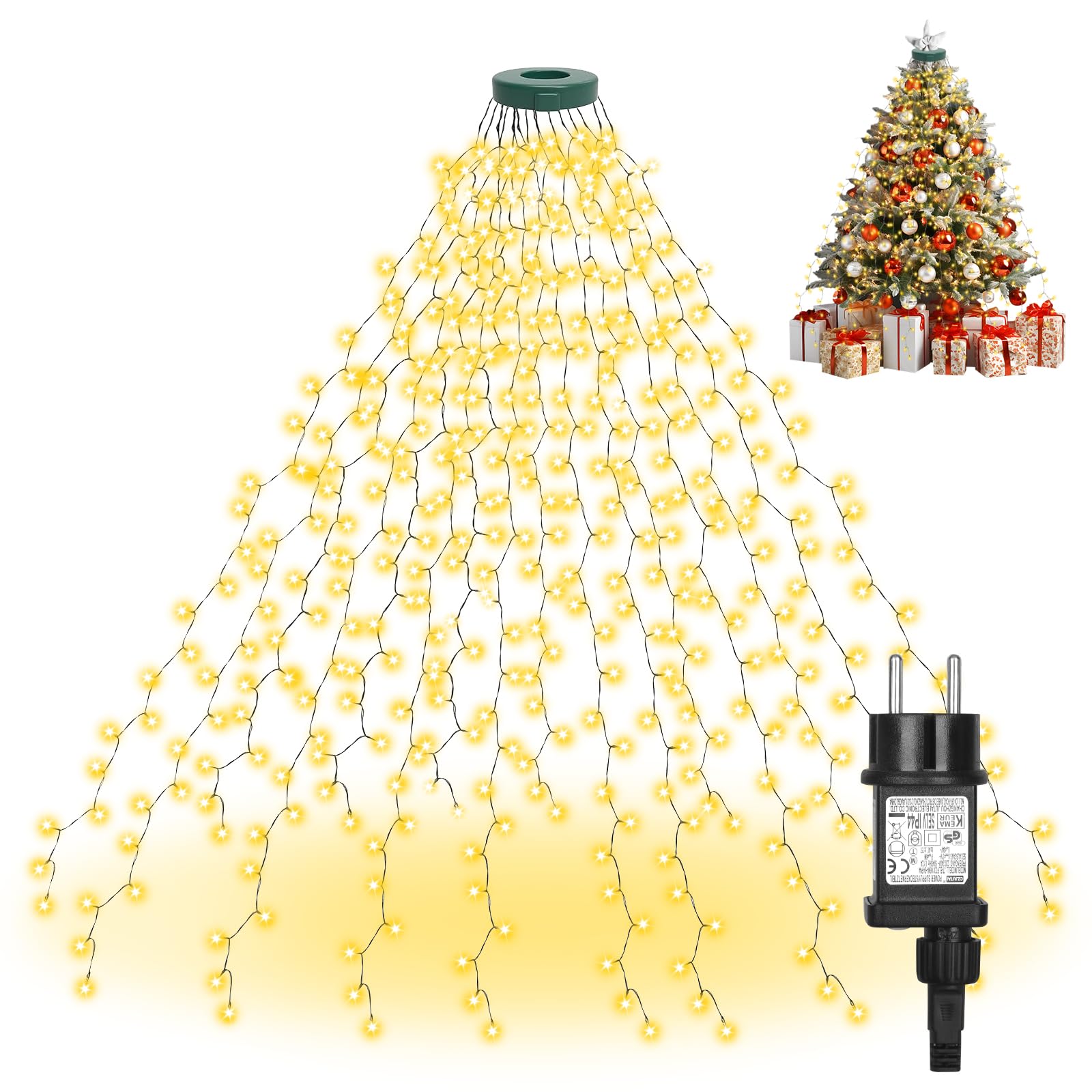 Withosent Lampki choinkowe, 3 m 448 diod LED, lampki choinkowe z pierścieniem, wodoodporne IP44, z timerem, Funkcja pamięci, 8 trybów, do dekoracji świątecznych wewnątrz i na zewnątrz – ciepła biel