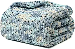 YnM Weighted Blanket, Handmade Chunky Knitted Design, Soft and Cozy, Temperature Regulating and Breathable, Machine Washable Throw for Sleep or Home Decor (Light Blue Tie-Dyed, 80x87 Inch, 25lbs)