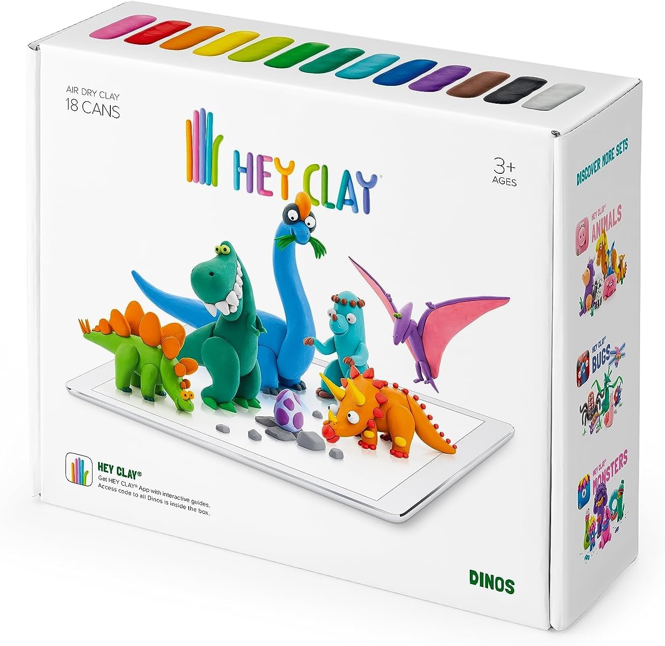 Hey Clay Dinos Set Colorful Kids Modeling Air-Dry Clay, 18 Cans with Fun Interactive App