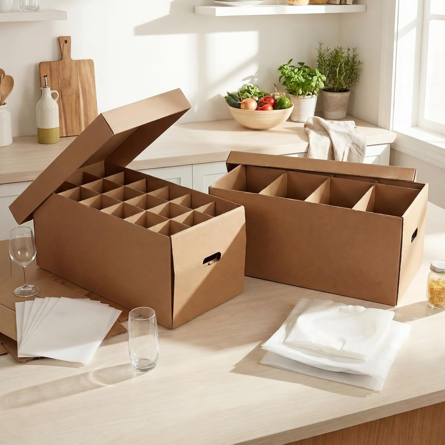 4 Sets Kitchen Moving Boxes with Handle 24 x 12 x 11 Inches Wine Glass Packing Moving Boxes Dish Saver Kit Kitchen Kit with Lid and Divider Foam Pouches for Glassware Packing Transportation