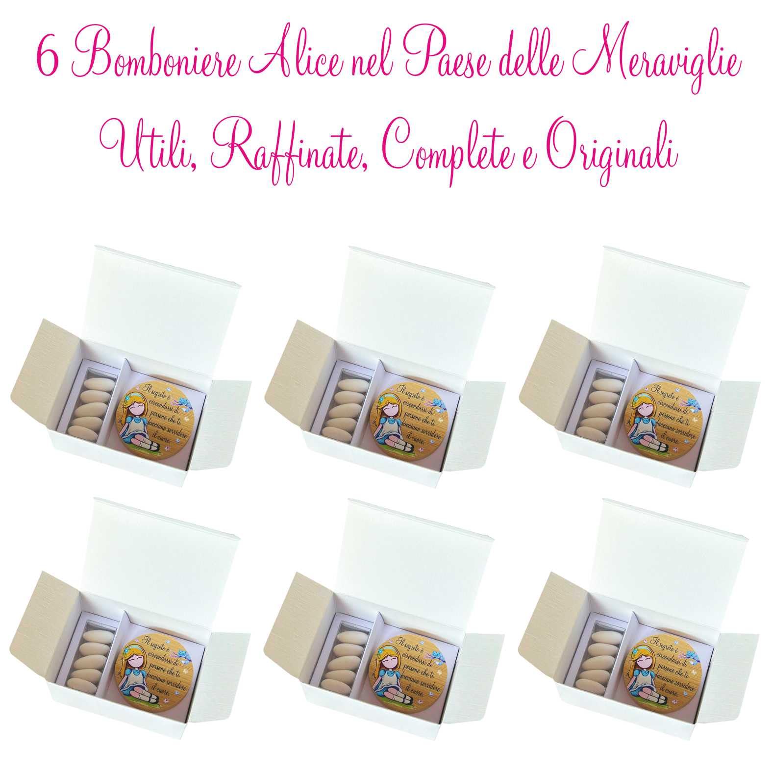 Regalami Set 6 Bomboniere Stappa Bottiglie Magnetico in Legno Confezione Completa con Scatola, Confetti e Biglietto (Alice)
