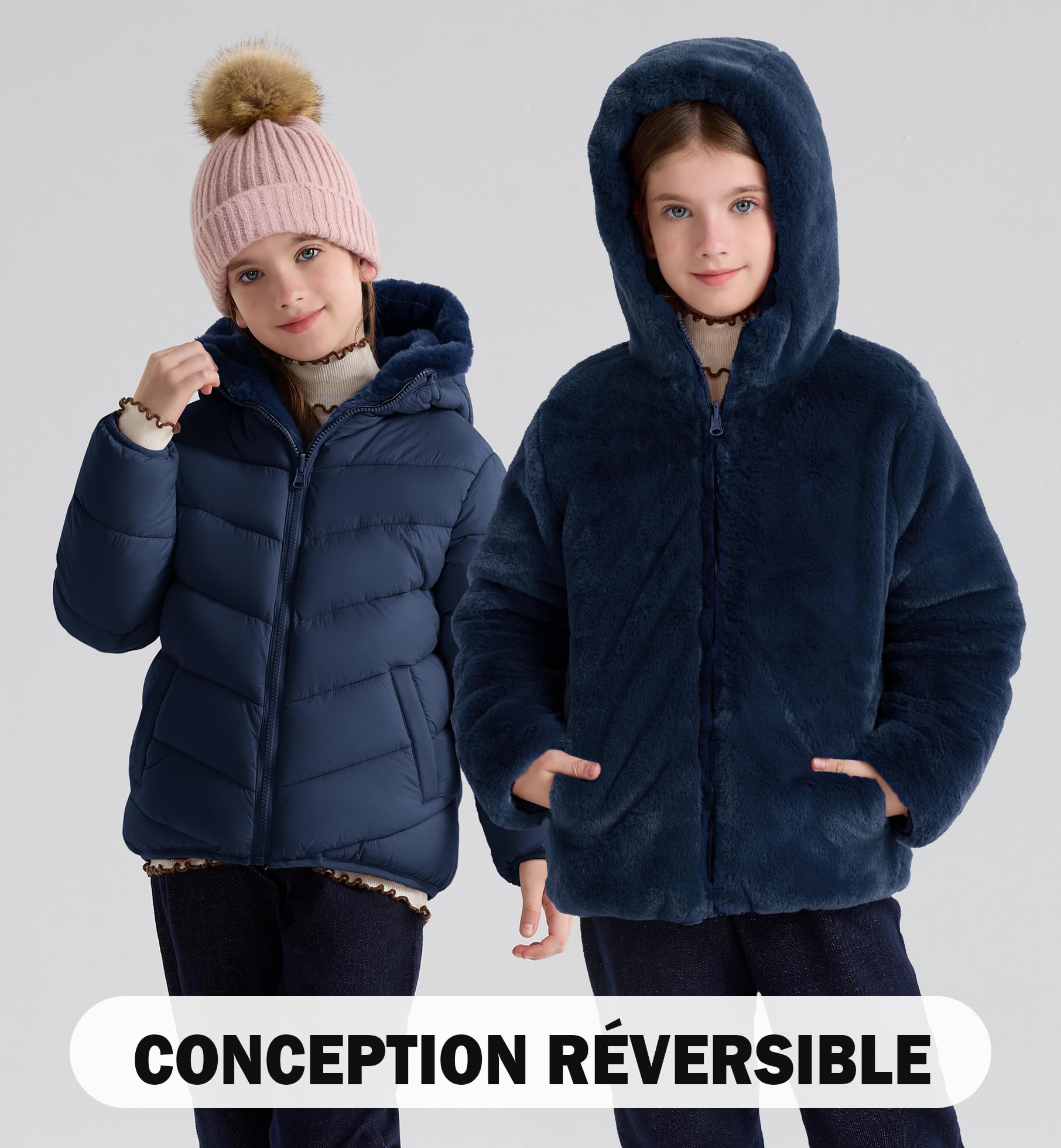 maoo garden Doudoune Réversible d'hiver pour Filles Manteau Résistant à l'eau Doublé de Molleton Duveteux Épais pour Enfants
