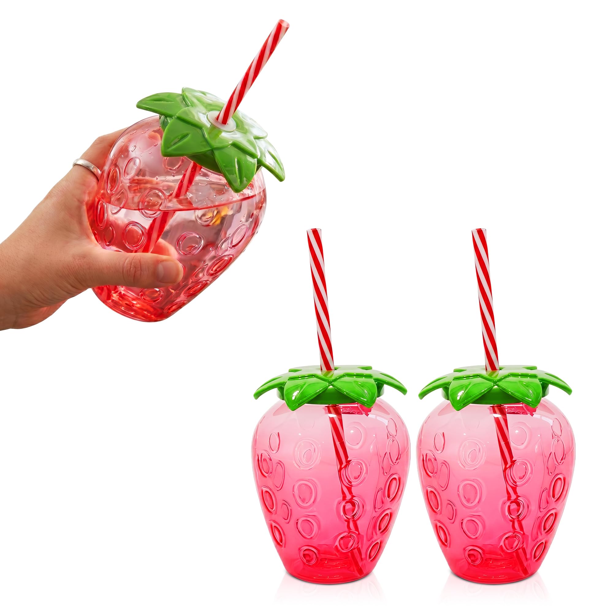 Lizzy 2 Pack Strawberry Cup with Straw 500ml Reusable Plastic Fruit Tumbler with Removable Striped Straw Fun Drinking Cup for Parties BBQ Picnics Summer Outdoor Juice Water Cups