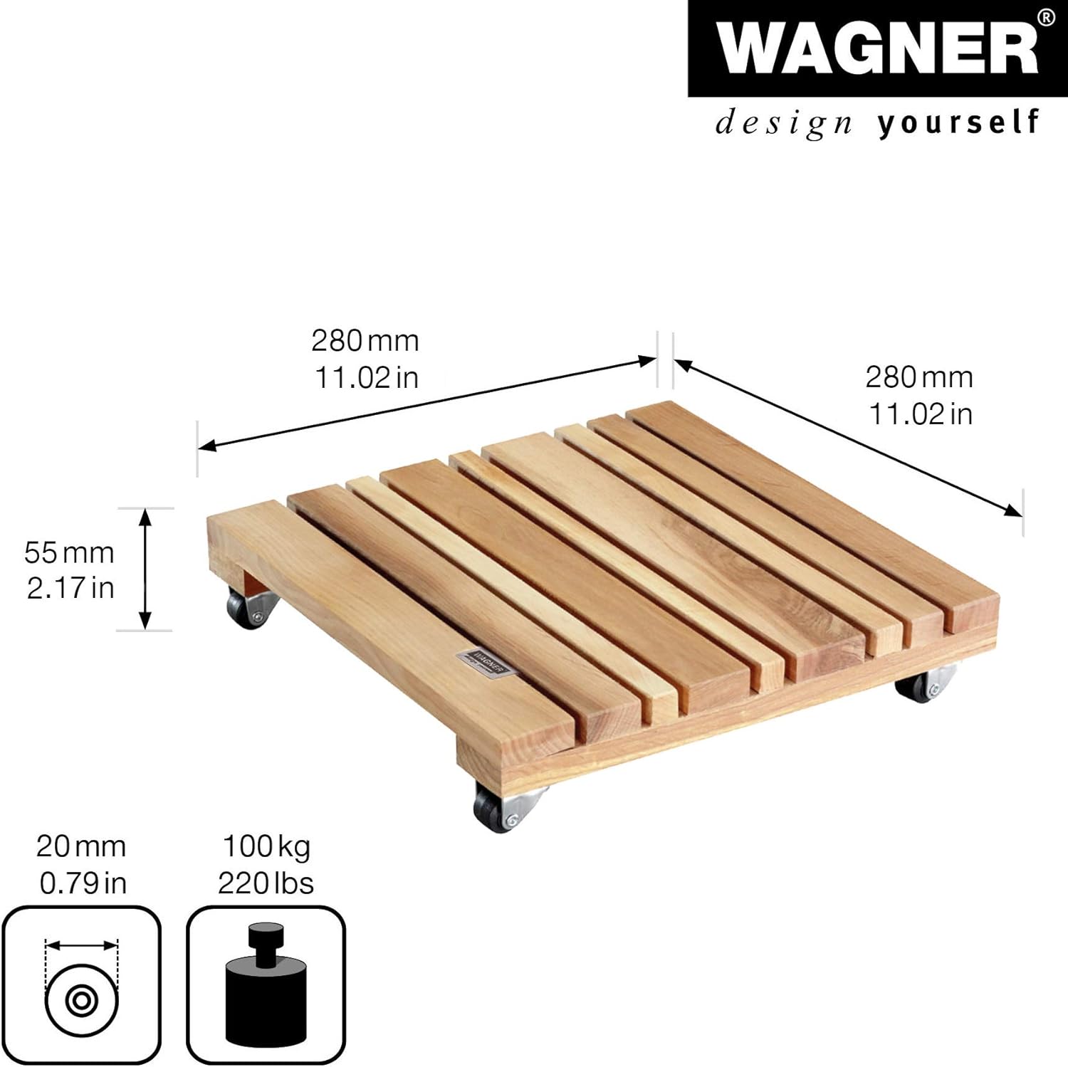 WAGNER Feng Shui Plant Trolley 28 x 28 x 5.5 cm I for Indoors, Natural Alder, Oiled I Flower Trolley in Solid Wood FSC® with Wheels I Load 100 kg I Made in EU - 20023001
