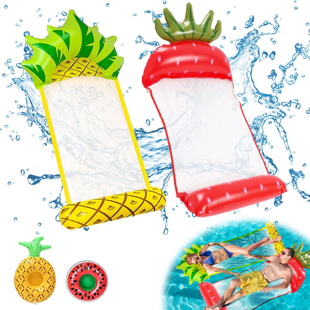 2Pcs Flottant Hamac Gonflable, 4 in 1 Matelas Filet Piscine Gonflable, Hamac Piscine Portable avec 2 Pompe à Air Manuelle 2 Porte-Boissons Gonflables, Matelas Piscine Pliable pour Plage, Partie
