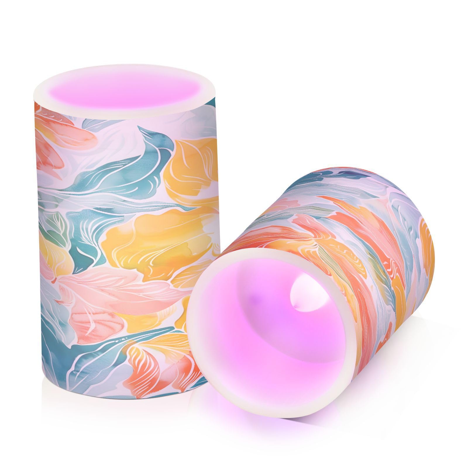 ALAZA White Orange Turquoise Painting Flickering Flameless Candles Battery Operated with Remote Timer,Tea Light Candles LED Pillar Votive Candles set of 2 for Outdoor Indoor Decorations