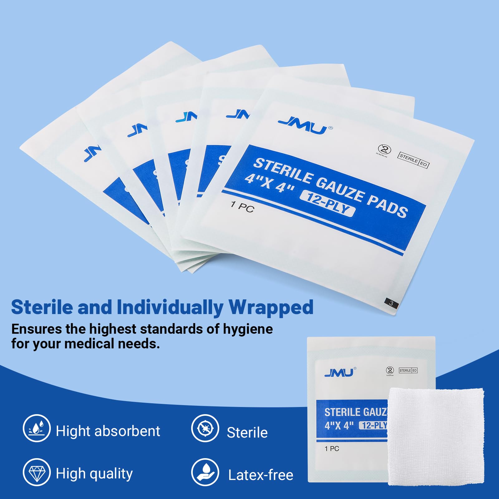 JMU 100 Pack Sterile Gauze Pads 4x4, 12-Ply, Woven Sponges Cotton Medical — Amazon image 2