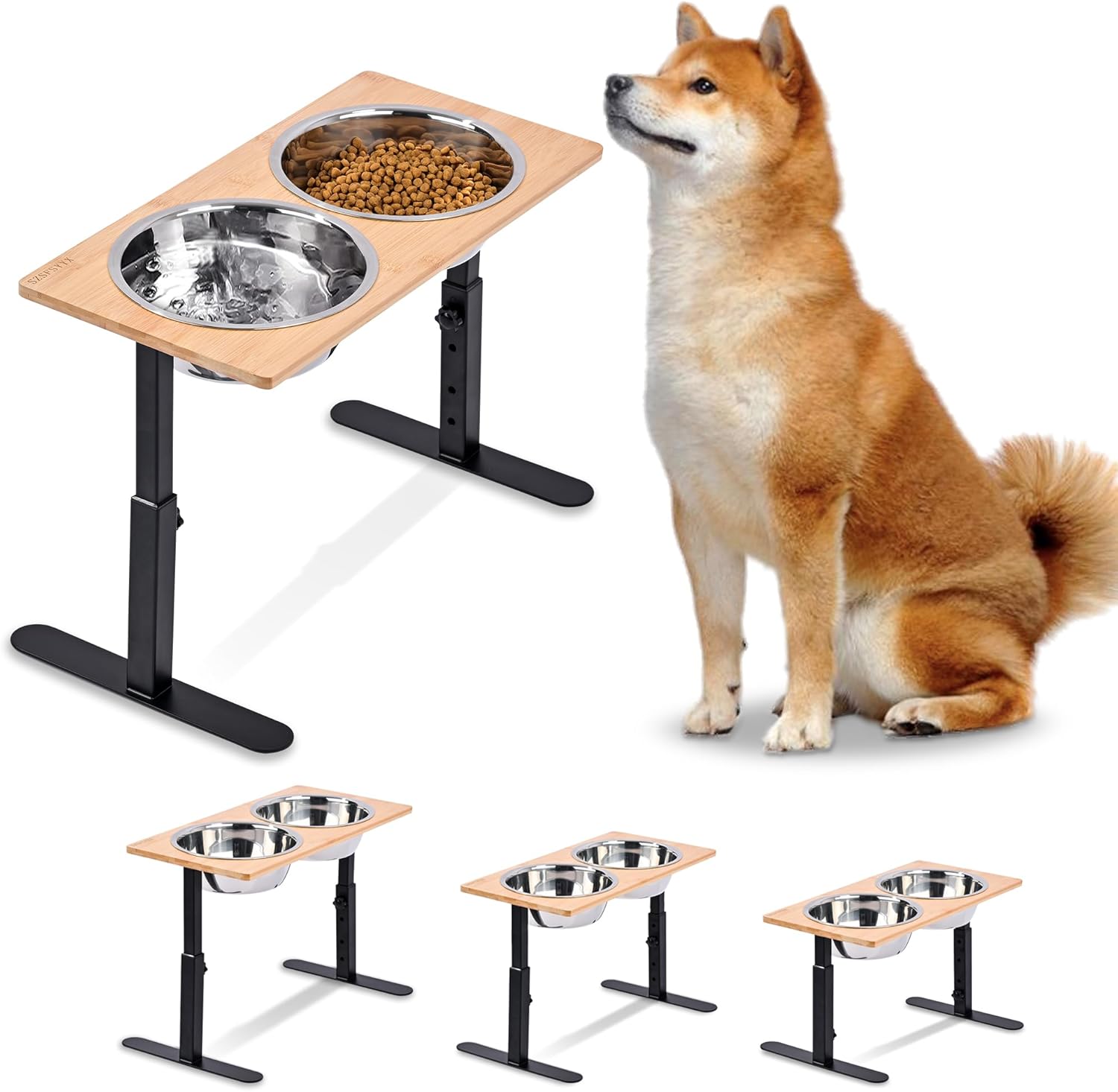 Elevated Dog Bowls,Cats and Dogs Raised Food Feeding Dishes with 2 Stainless Steel Bowls,3 Height Adjustable,Protects Spine,Prevent Vomiting,Anti-Mold Bamboo Stand Feeder Station Extra Large(3 height adjustable)