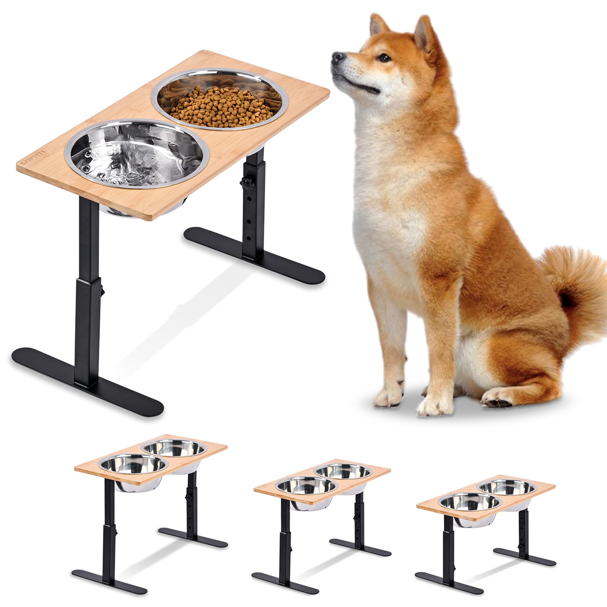 Tazones elevados para Perros, Gatos y Perros con 2 Cuencos de Acero Inoxidable, 3 Alturas Ajustables, Juego de comedero de Agua de bambú sólido para Mascotas