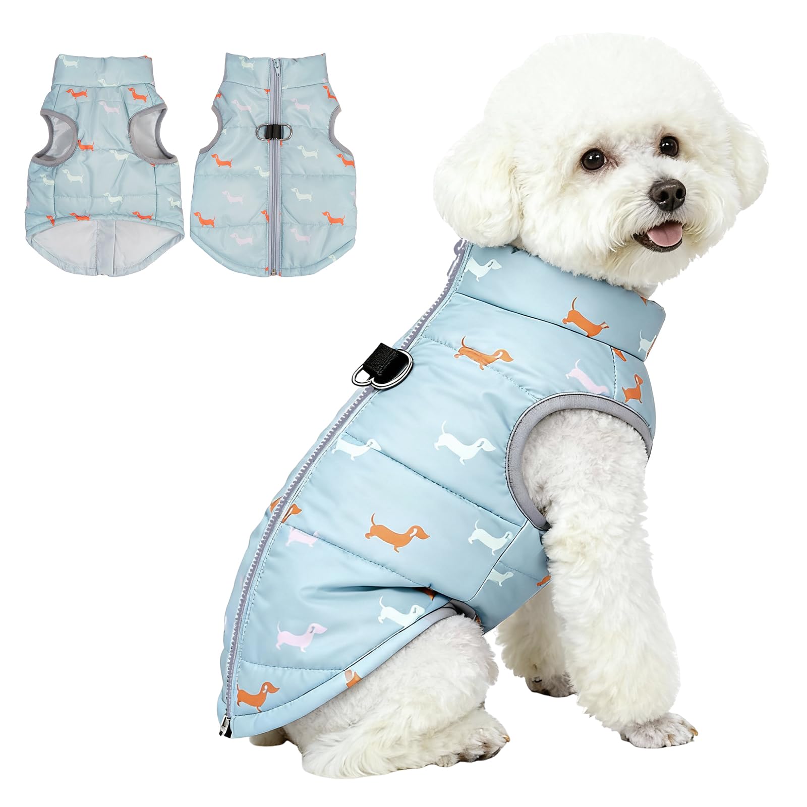 Asmea Dog Coat Warm Dogs Jacket Harness with D-ring Water-resistant Puppy Coats for Cold Weather Christmas Dog Clothes Winter Small Dogs Coats Dachshund Coat Grey Blue L โ image 1