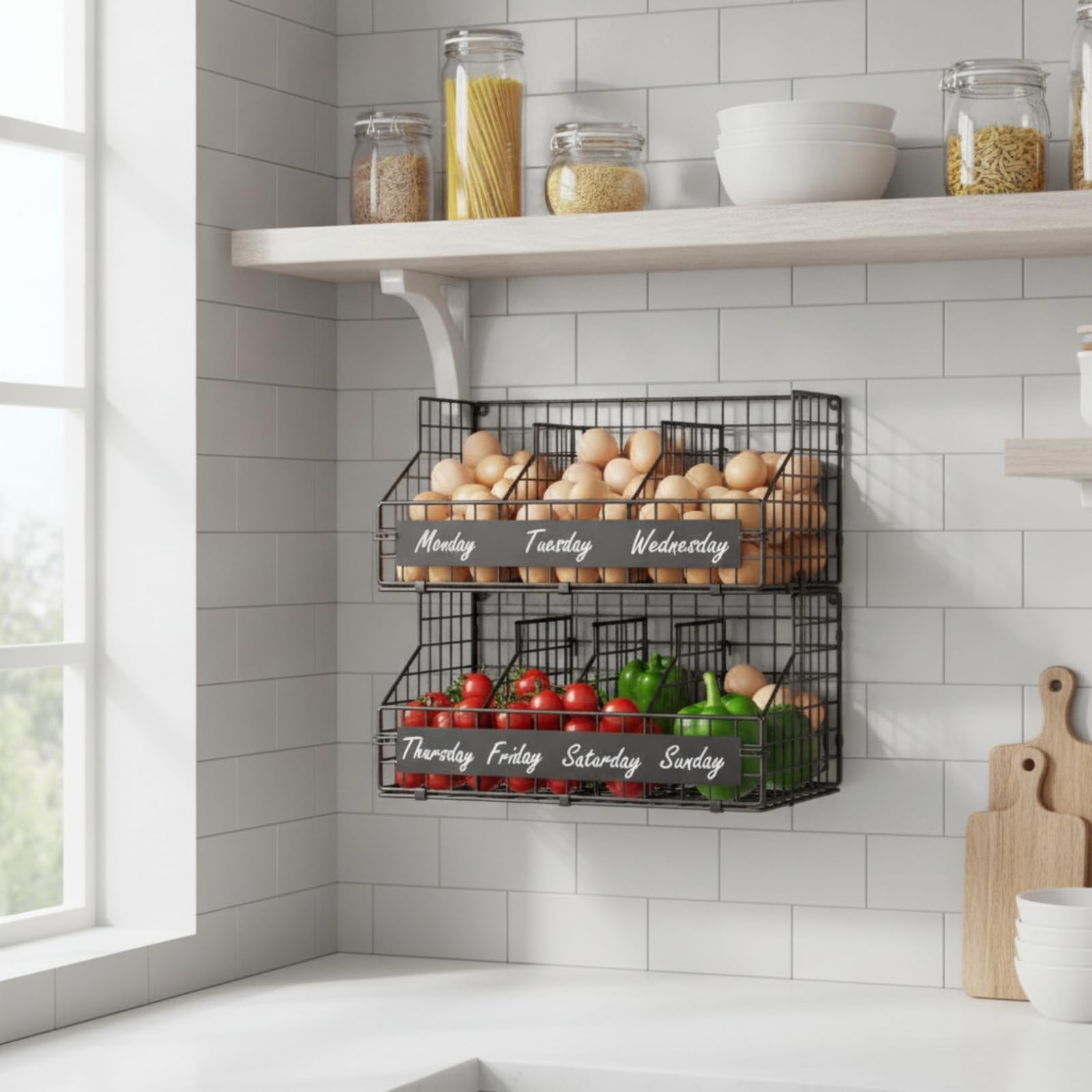 Baoblaze Organizador de Huevos Estante de Cocina Soporte Cesta Rejilla Alambre de Hierro con Abertura Inclinada y Puntos de Anclaje Traseros Contenido Visible