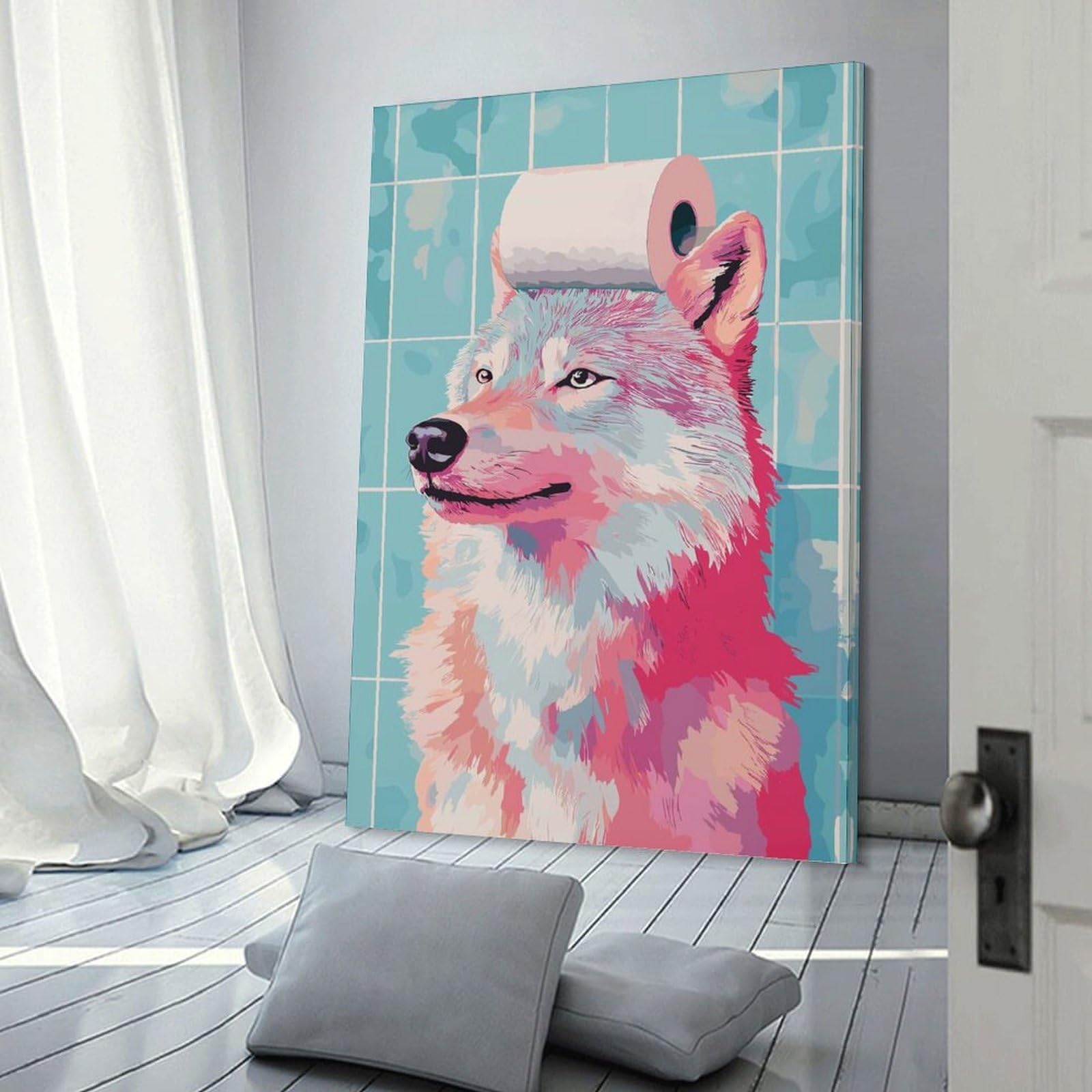 Junmoney Frame-Style-12 Wolf With Toilet Paper On Head Canvas Wall Art, 08X12inch(20X30cm), For Living Room, Bedroom Or Apartment Walls, Decorative Artwork For Empty Walls