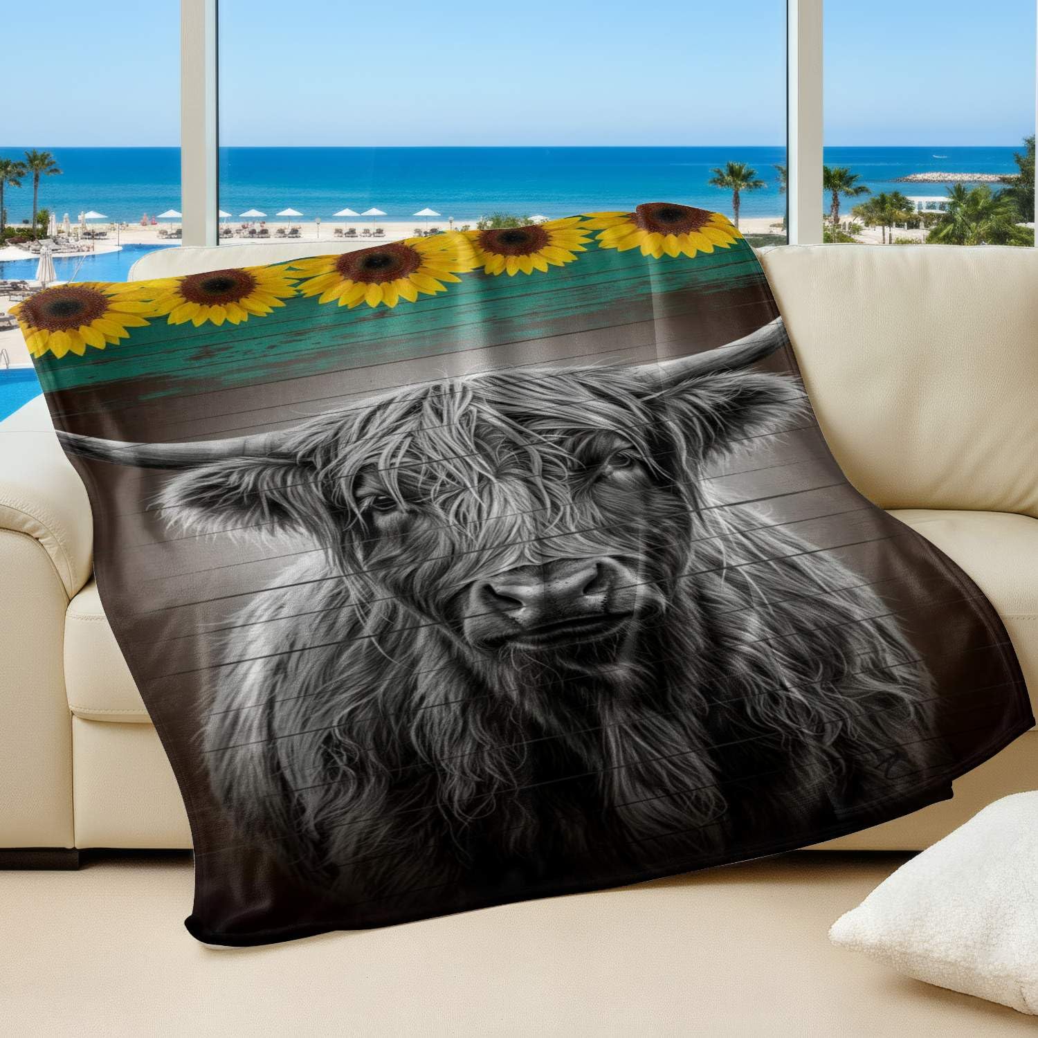 Couverture vache des Highlands en flanelle plaid tournesol 130x150 cm