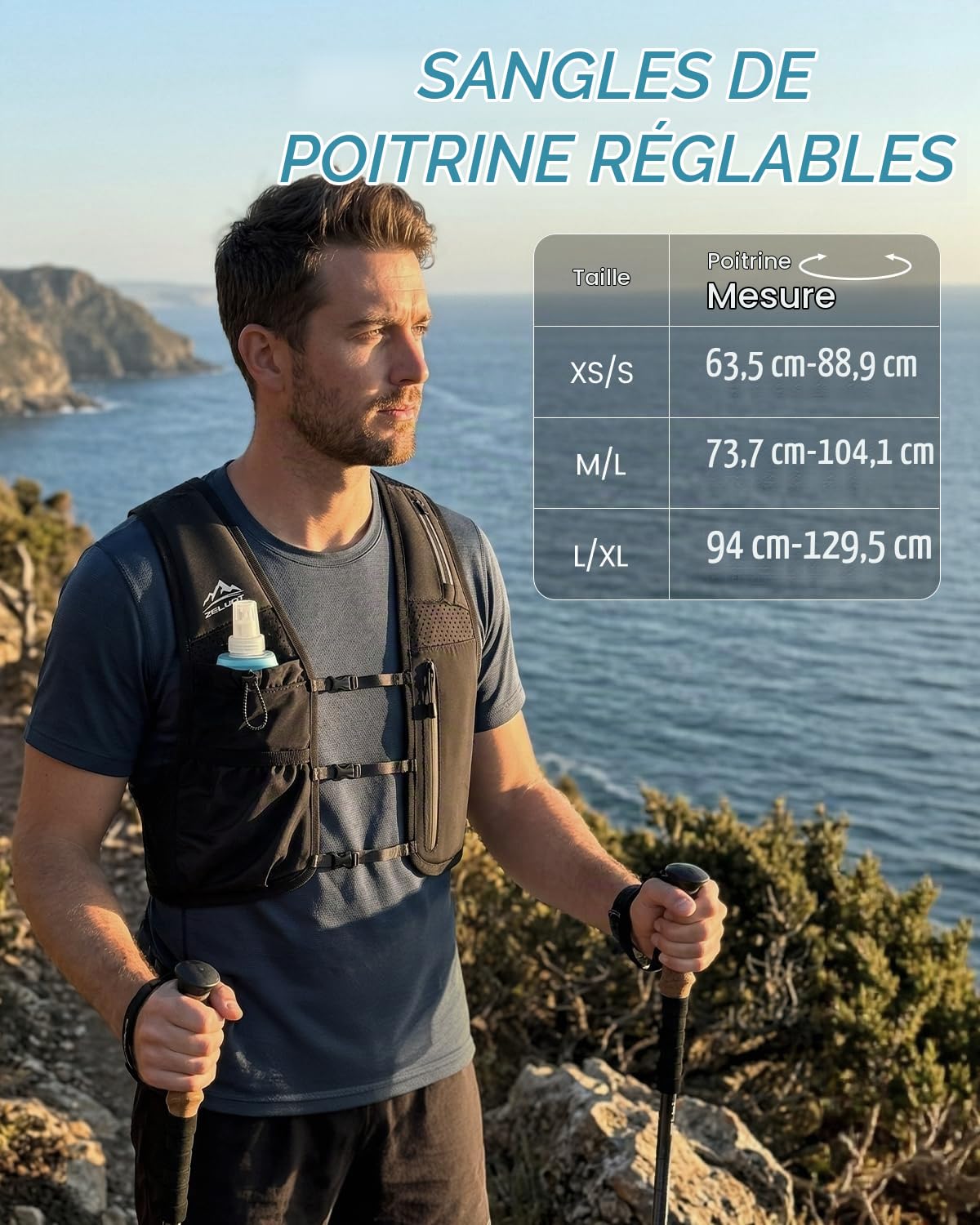 Zelvot Gilet d’Hydratation Unisexe, Gourde Souple 500ml, Poche Smartphone | 6 poches, 3 sangles réglables, 213 g, néoprène respirant, détails réfléchissants, confort léger pour trail, vélo et marathon