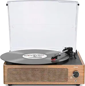 WOCKODER Vintage Record Player for Vinyl with Speakers Retro Turntable for Vinyl Records, Belt-Driven Turntable Support 3-Speed Wireless Playback Headphone AUX-in RCA Line LP Vinyl Players Wood Grain