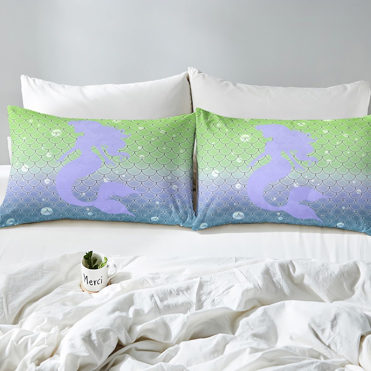 jejeloiu Mermaid Fitted Sheet Full Size Princess Decor Bedding Set for Girls Teens Purple Bed Sheets Set Breathable Soft Lightweight Microfiber
