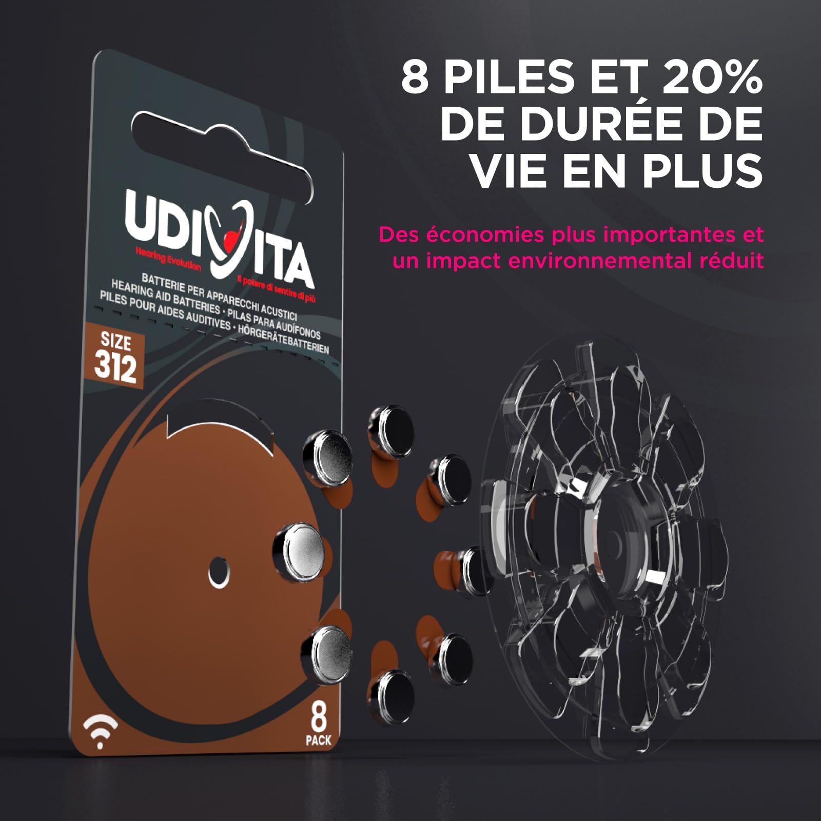240 Piles Auditives Taille 312 Udivita PR41 Marron, Technologie Phono Pulse