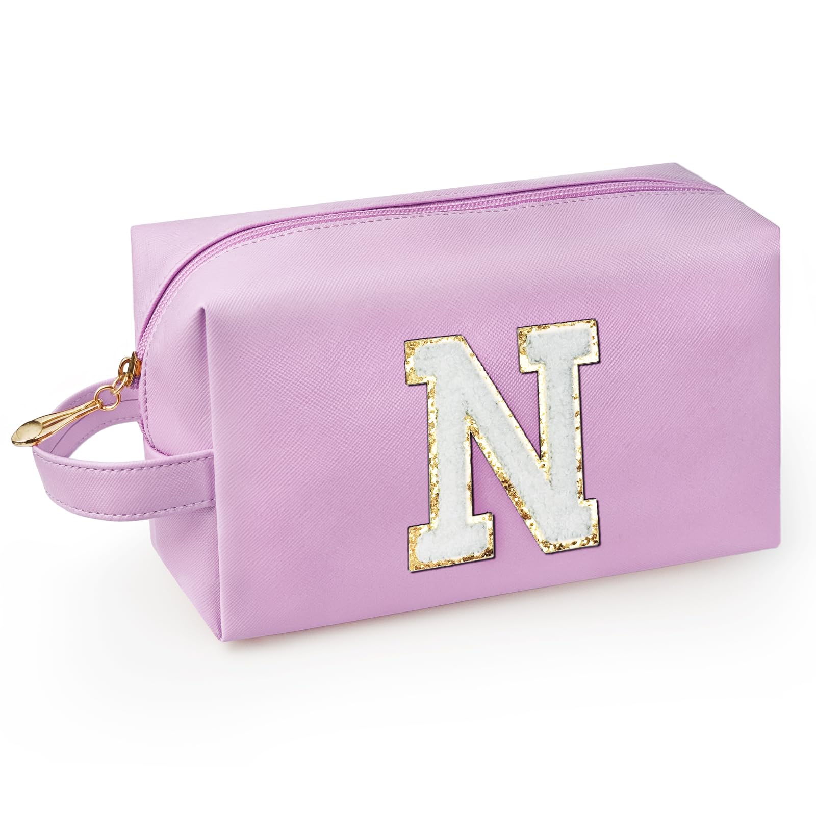 Personalized Initial Makeup Bag with Handle, Preppy Cosmetic Bag with Inner Zipper Pocket, 8 9 10 11 12 13 14 Years Old Girl, Graduation Gifts for Teen Girls Women Teachers (N, Purple)