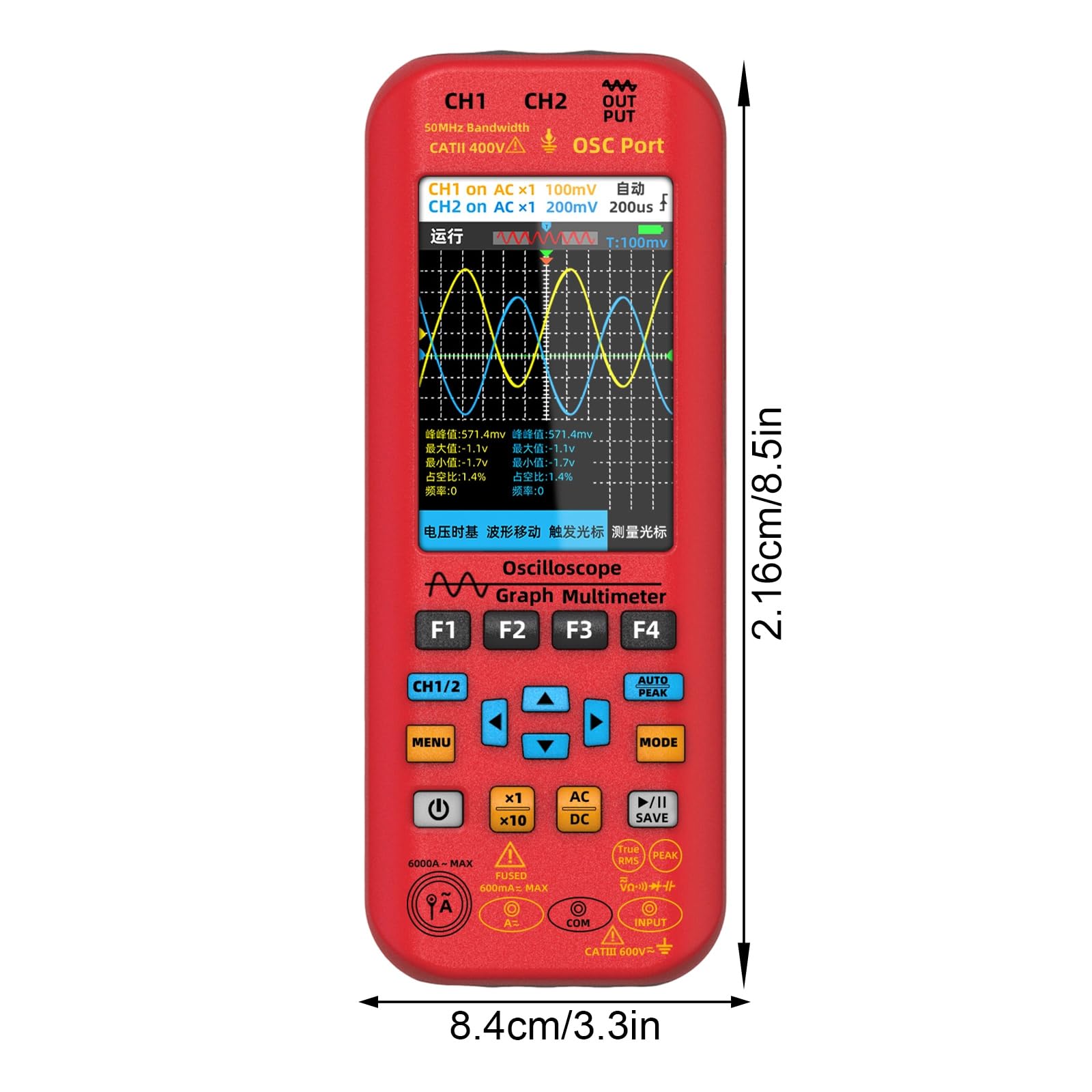 Digitales Oszilloskop mit 128K Speichertiefe & Echtzeit-Abtastung, 50 MHz Doppelspur-Oszilloskop für Ingenieure, Handgerät mit Multimeter-Funktion
