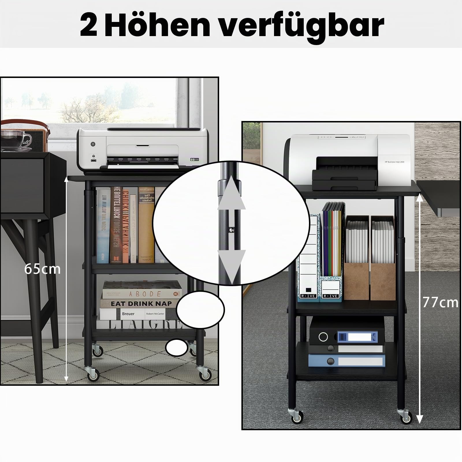 HOMASIS 3-stufiger Druckerständer, Druckertisch mit Rollen, Druckerwagen höhenverstellbar 12 cm, Rollcontainer 20kg belastbar, Druckerregal Rollwagen Maschinenständer für Büro (Schwarz)