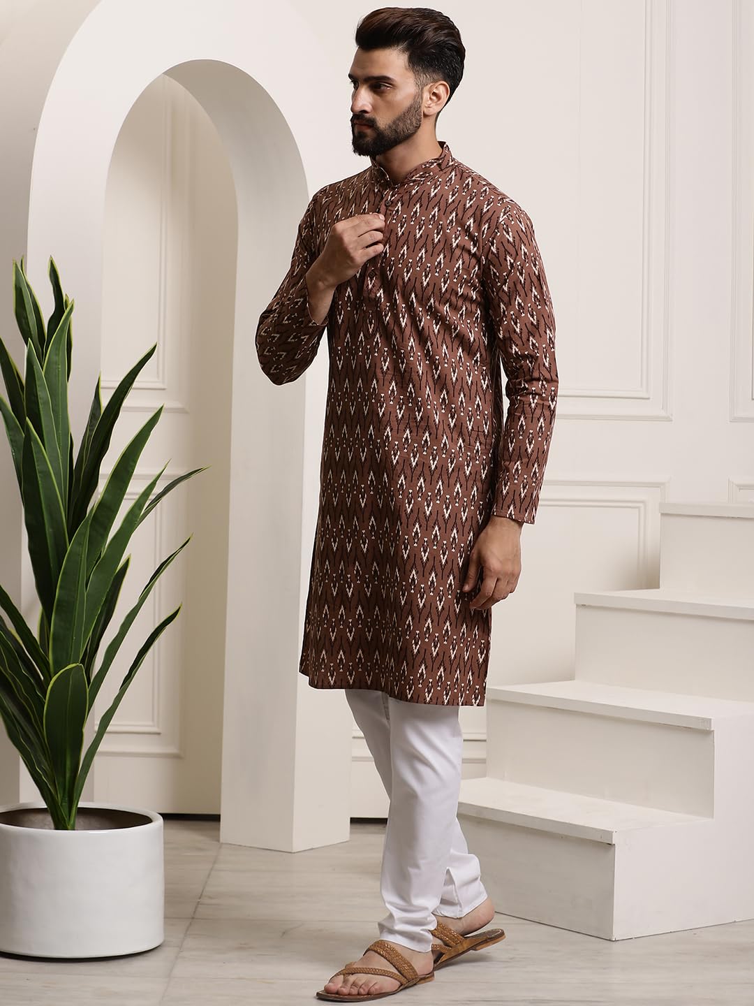 Sojanya (Since 1958 Men's Cotton Brown & Cream Print Kurta & White Churidar Pyjama Set